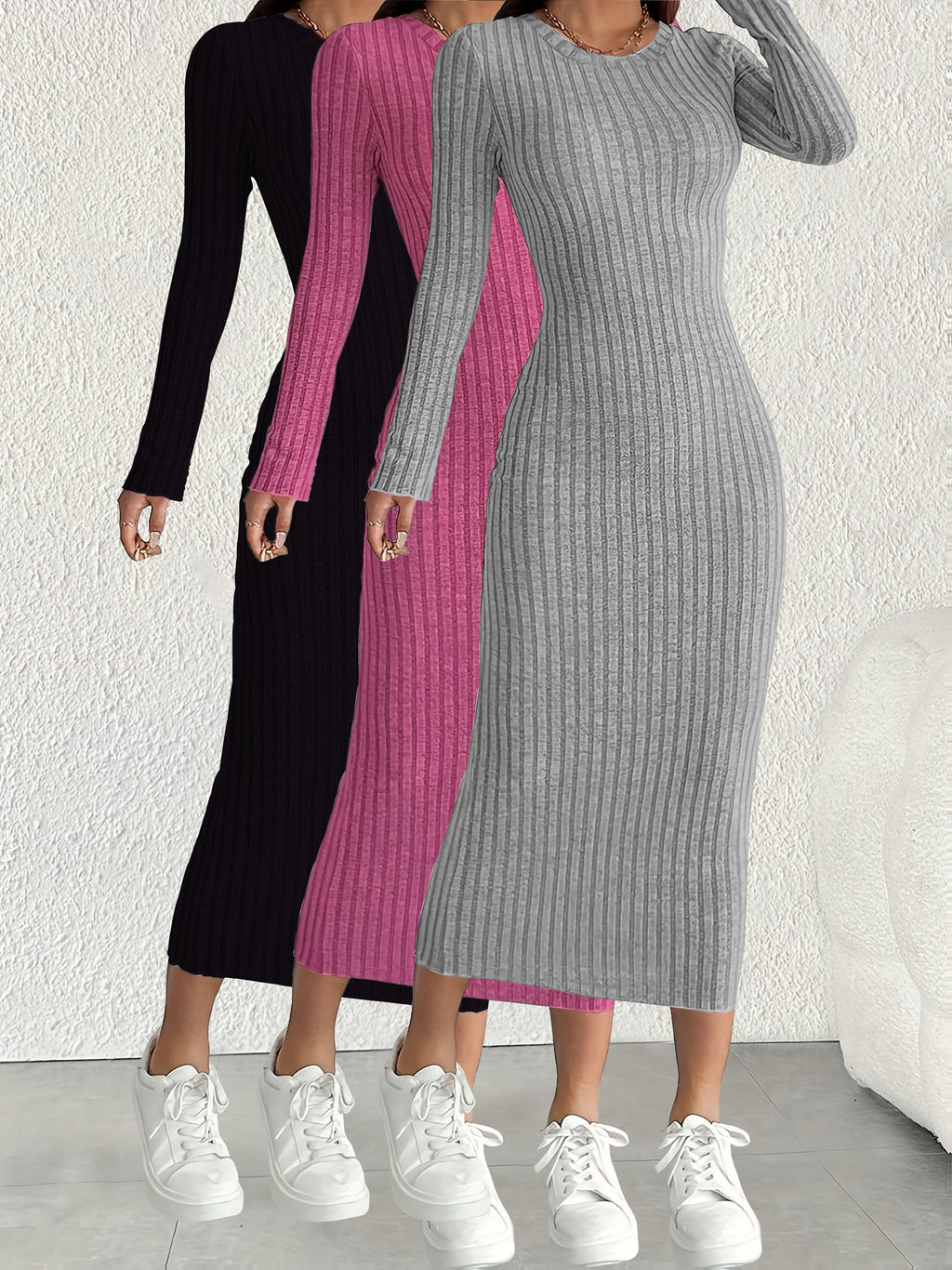 3pcs Solid Color Long Sleeve Ribbed Pullover Dress for Women