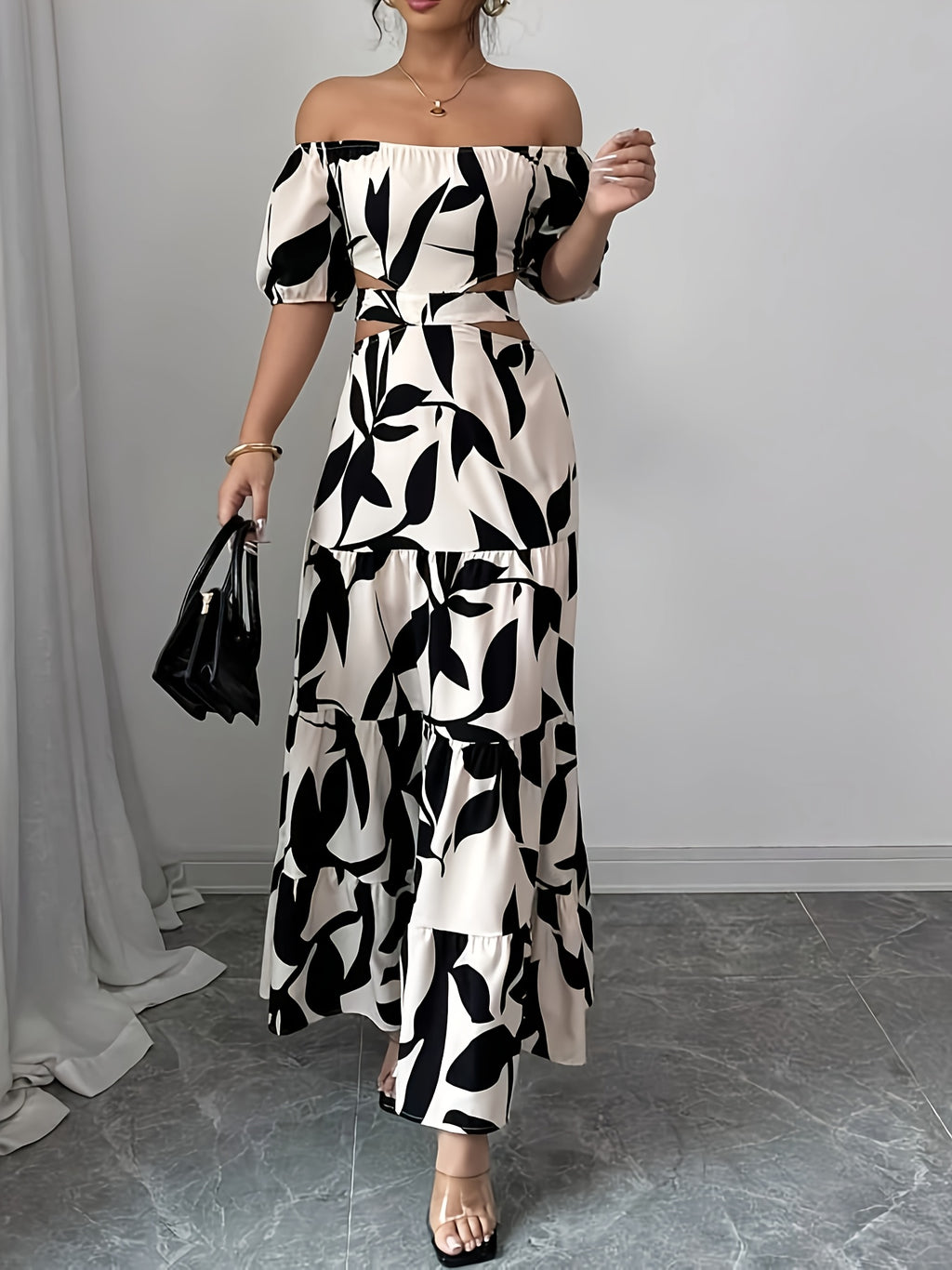 Women'S Off-Shoulder Floral Print Maxi Dress with Belt - Elegant Asymmetrical Hem, Sleeveless Vacation Dress in Black & White Floral Pattern, Lightweight Polyester for Summer Getaways, Cute Summer Dresses