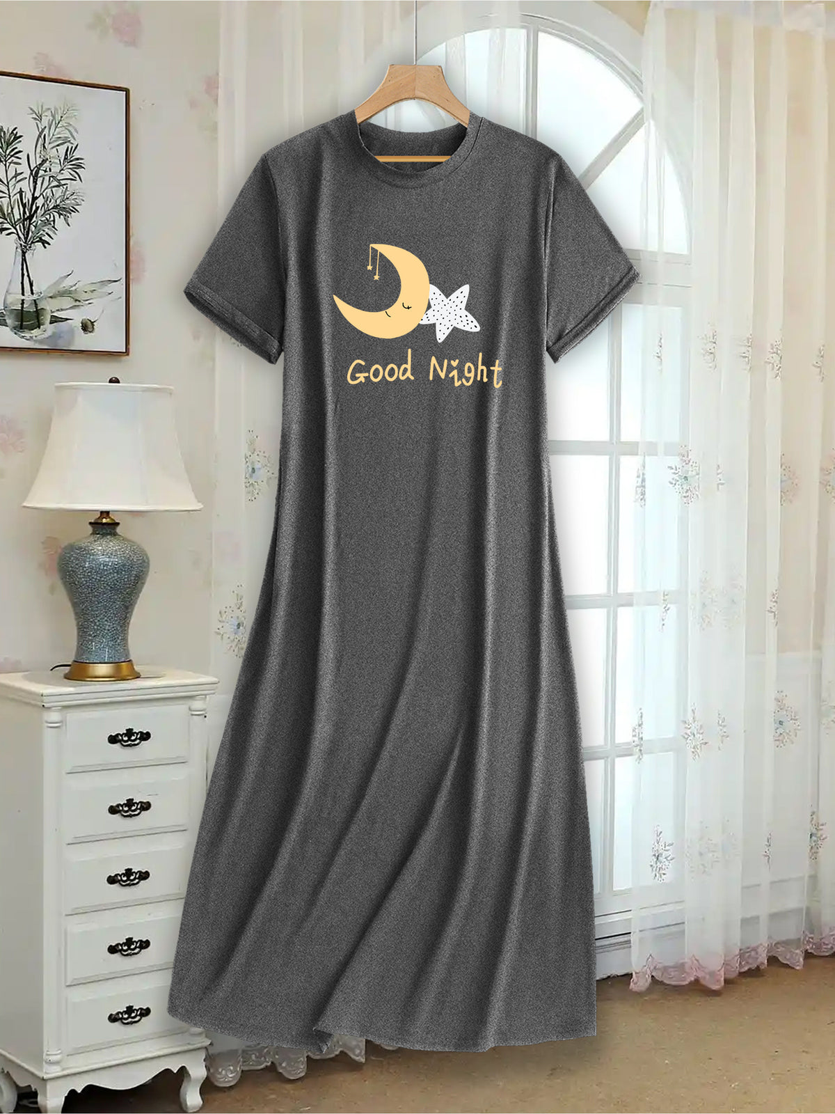 Women'S Good Night Moon and Star Print Casual Dress, Round Neck, Short Sleeve, Loose Fit, Breathable, All-Season Nightwear, Suitable for Bedroom and Home Wear- Overseas Printing