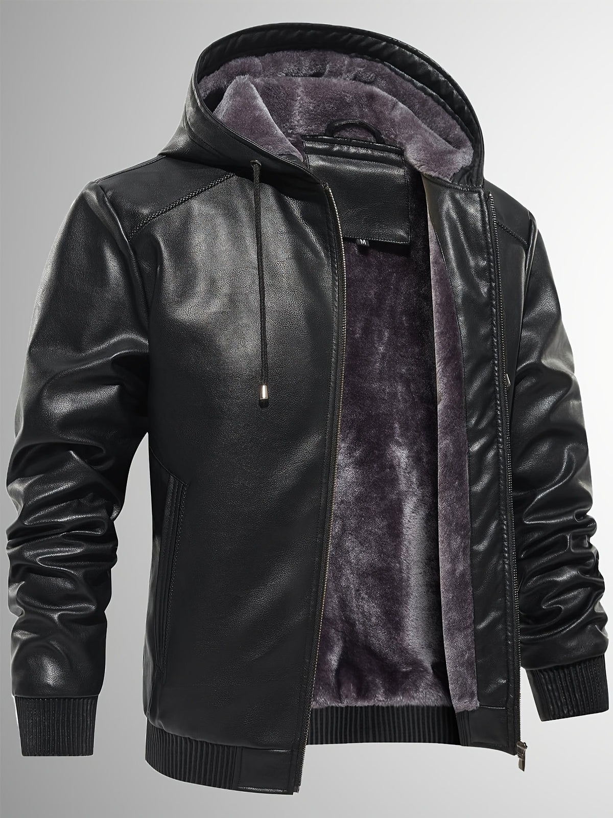 Men's Sherpa Lined PU Leather Jacket Warm Winter Hooded Motorcycle Jacket High Quality And Windproof Leather Biker Jacket Drawstring