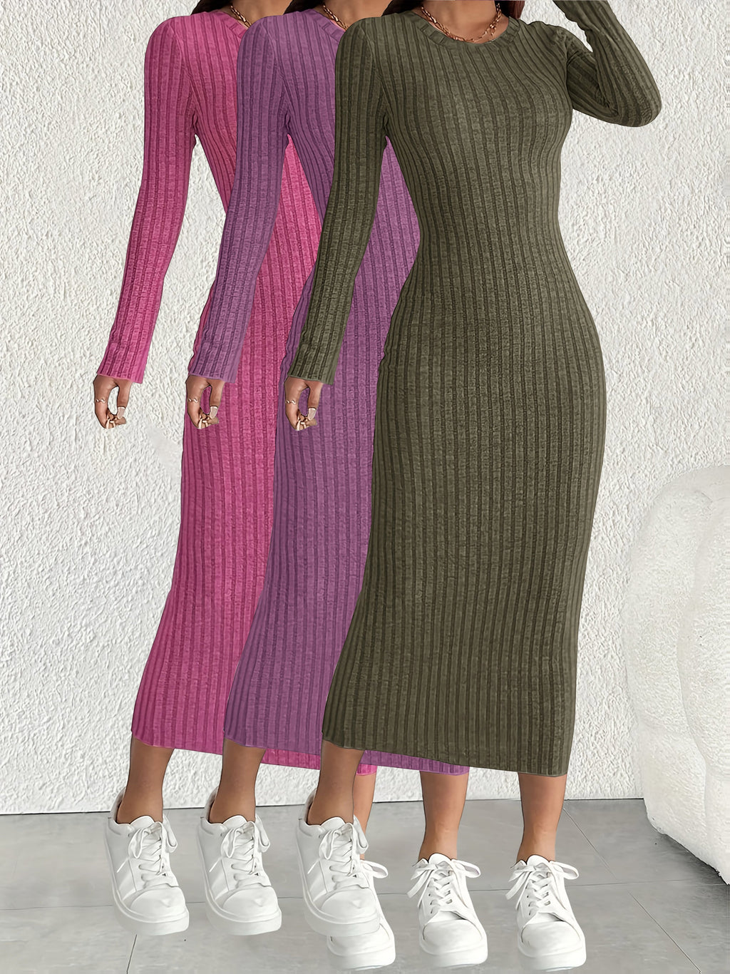 3pcs Solid Color Long Sleeve Ribbed Pullover Dress for Women