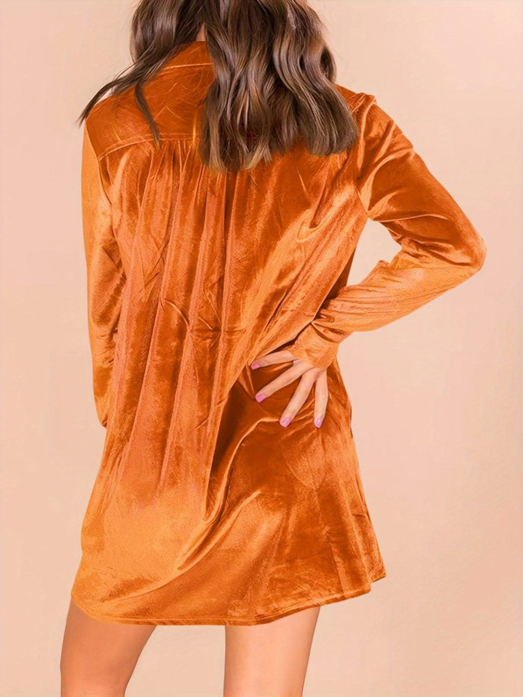 Women's Elegant Lapel Collar Button- Dress - Mini Length Long Sleeve Solid Color Tunic Top Dress Suitable for Parties, Office & Semi-Formal Events