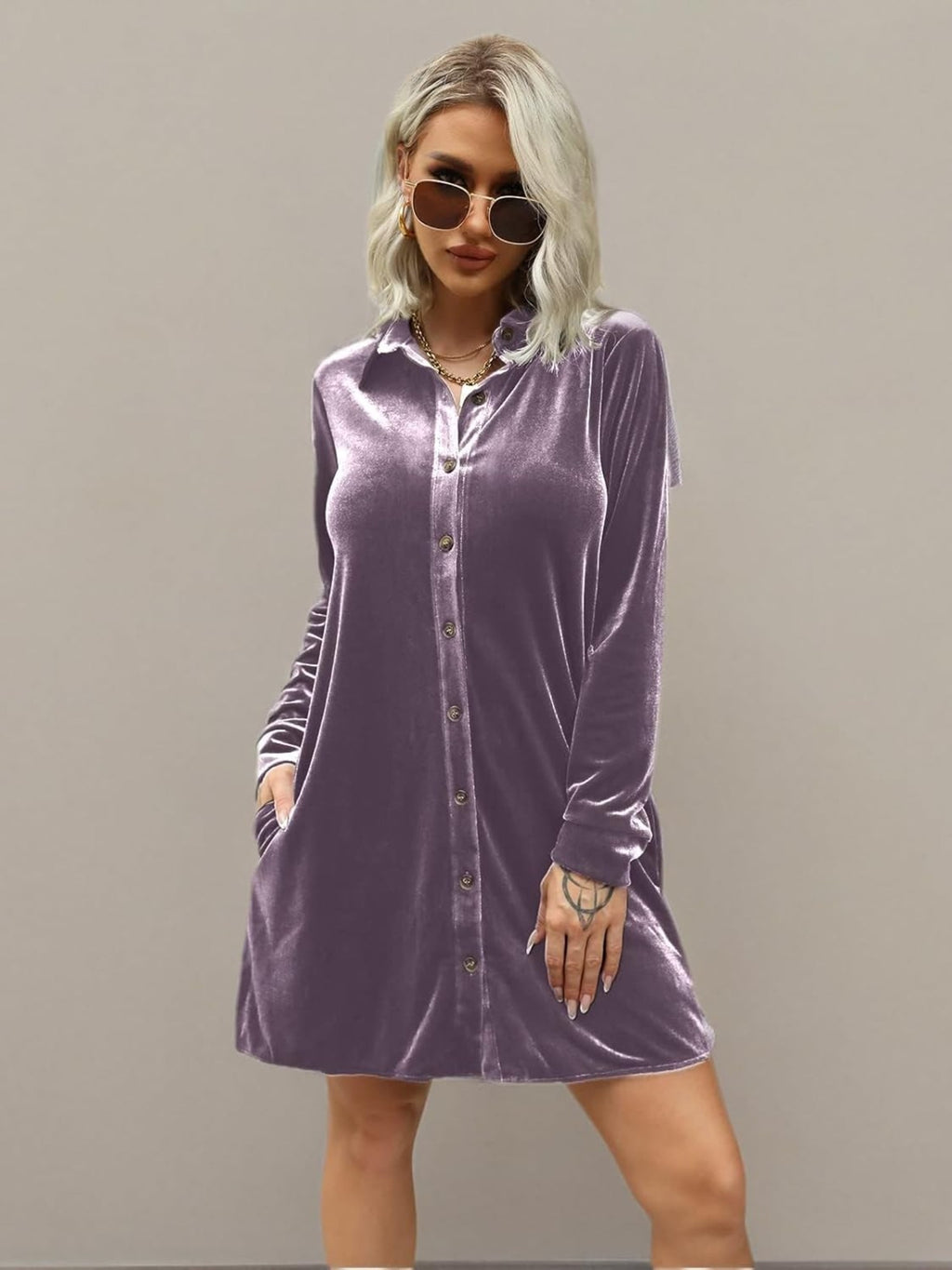 Women's Elegant Lapel Collar Button- Dress - Mini Length Long Sleeve Solid Color Tunic Top Dress Suitable for Parties, Office & Semi-Formal Events