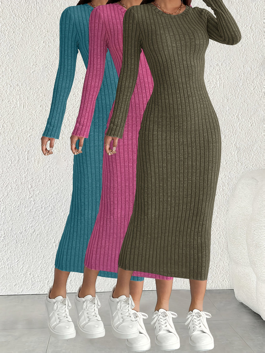 3pcs Solid Color Long Sleeve Ribbed Pullover Dress for Women