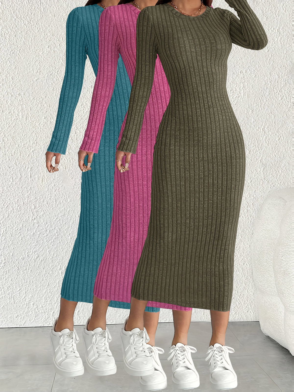 3pcs Solid Color Long Sleeve Ribbed Pullover Dress for Women