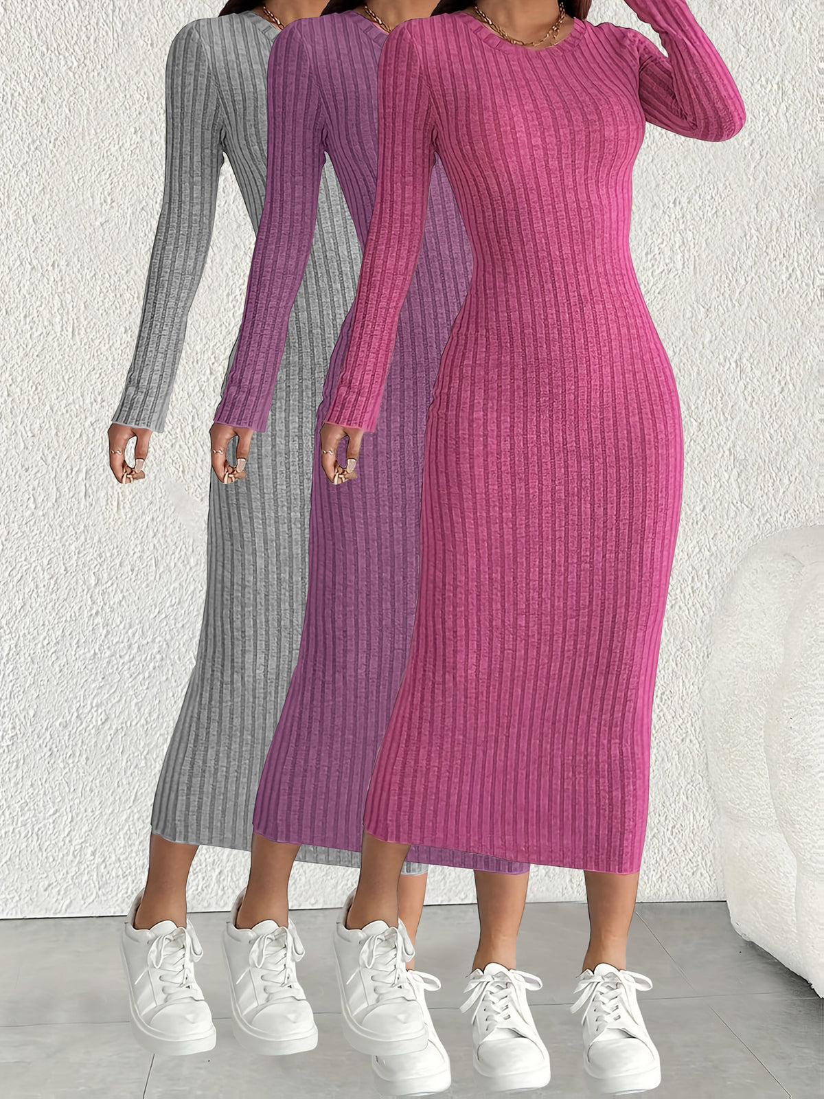 3pcs Solid Color Long Sleeve Ribbed Pullover Dress for Women