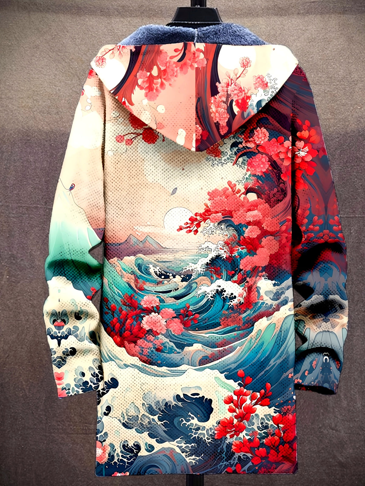 Japanese Art Wave Pattern Printed Fashion Men's Thick Winter Warm Zipper Hooded Coat