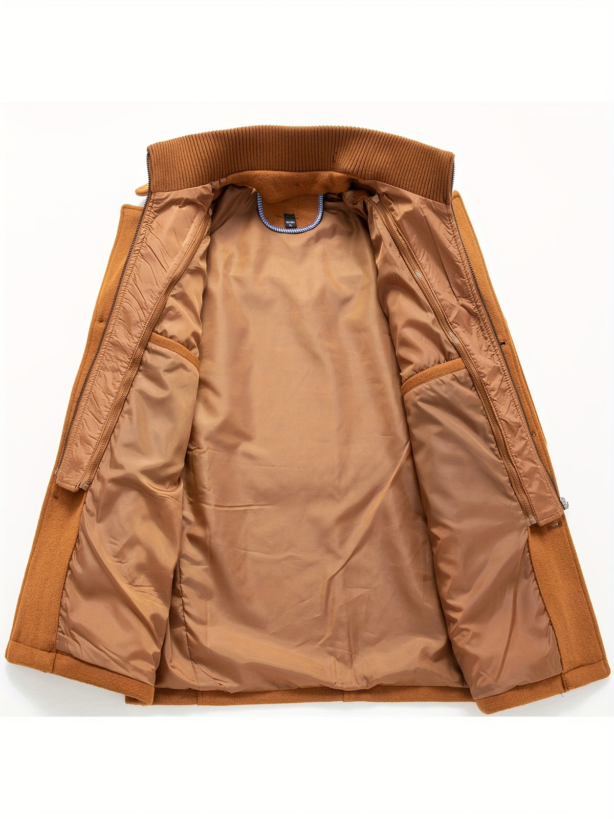 Men's Stand Collar Fleece Blend Pea Coats with Removable Inner Collar Single Breasted Overcoat