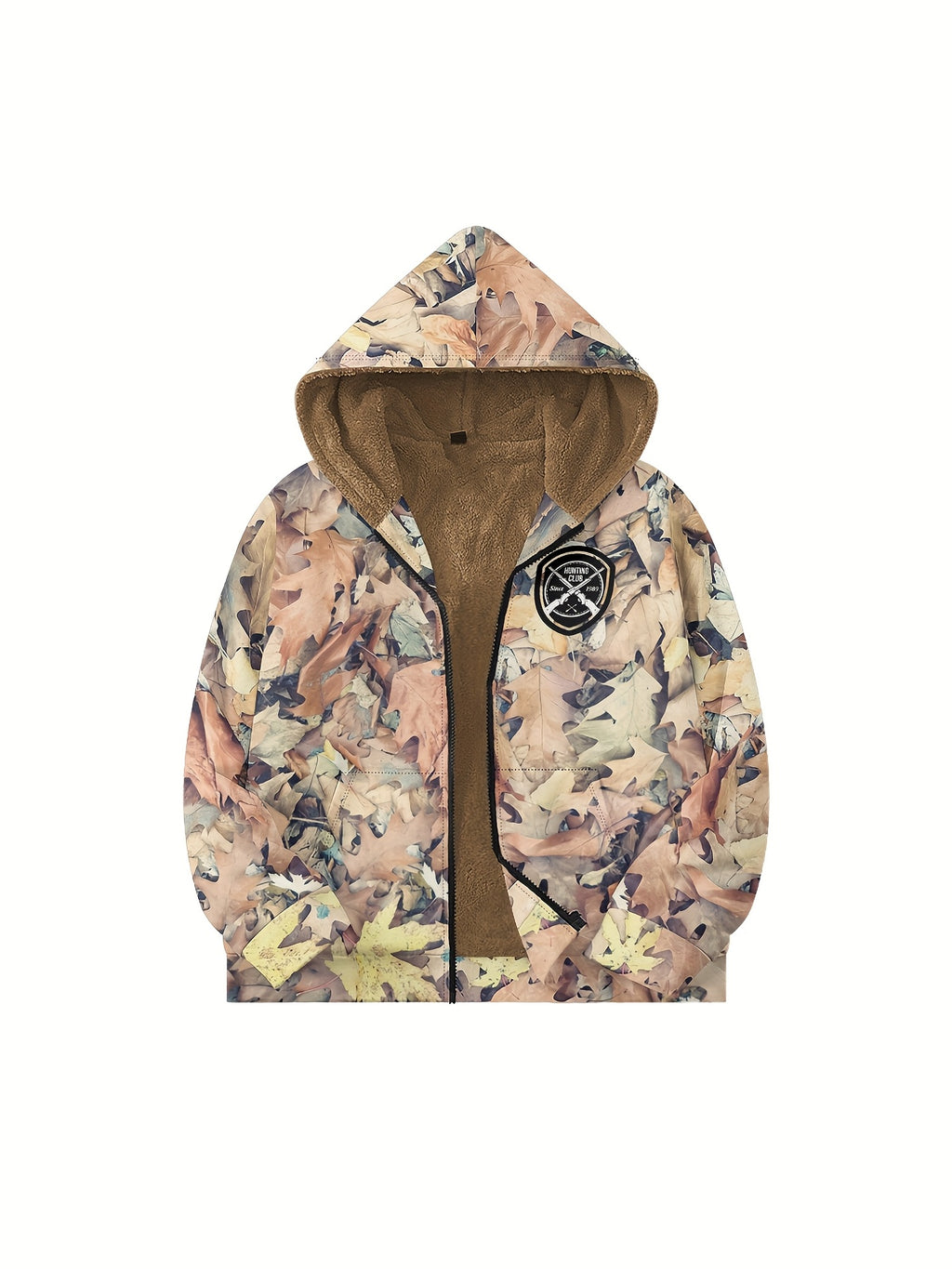 Men'S Autumn Winter Leaf Print Casual Matching Fleece Lined Zip-Up sweatshirt, Hunting