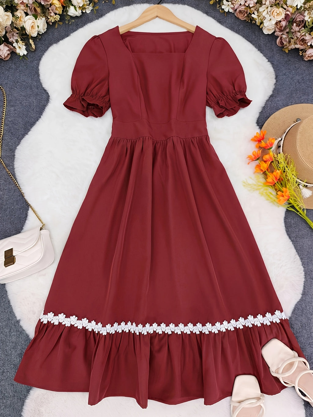 Women's Ombre Color Casual Elegant Vacation Wrap-Front Waist-Cinching A-Line Lace Trim Dress