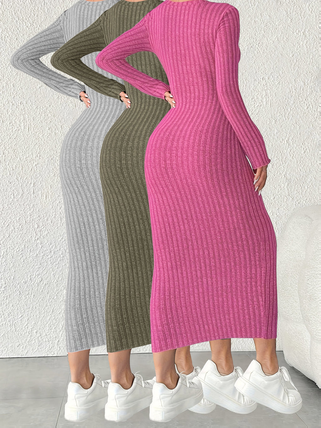 3pcs Solid Color Long Sleeve Ribbed Pullover Dress for Women