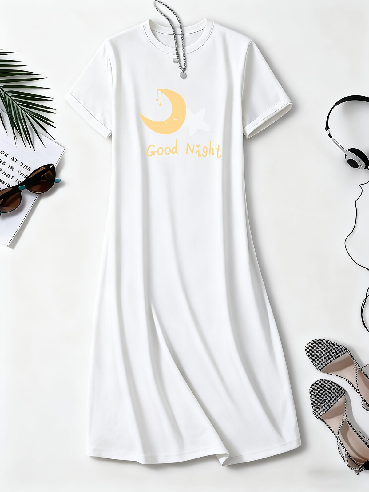 Women'S Good Night Moon and Star Print Casual Dress, Round Neck, Short Sleeve, Loose Fit, Breathable, All-Season Nightwear, Suitable for Bedroom and Home Wear- Overseas Printing