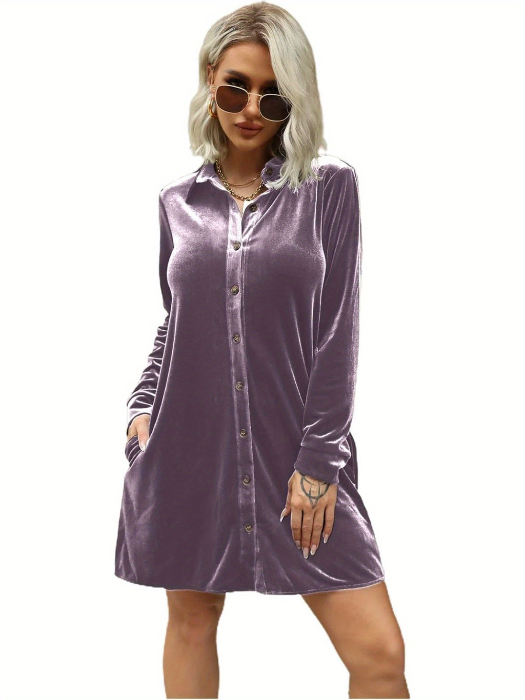 Women's Elegant Lapel Collar Button- Dress - Mini Length Long Sleeve Solid Color Tunic Top Dress Suitable for Parties, Office & Semi-Formal Events