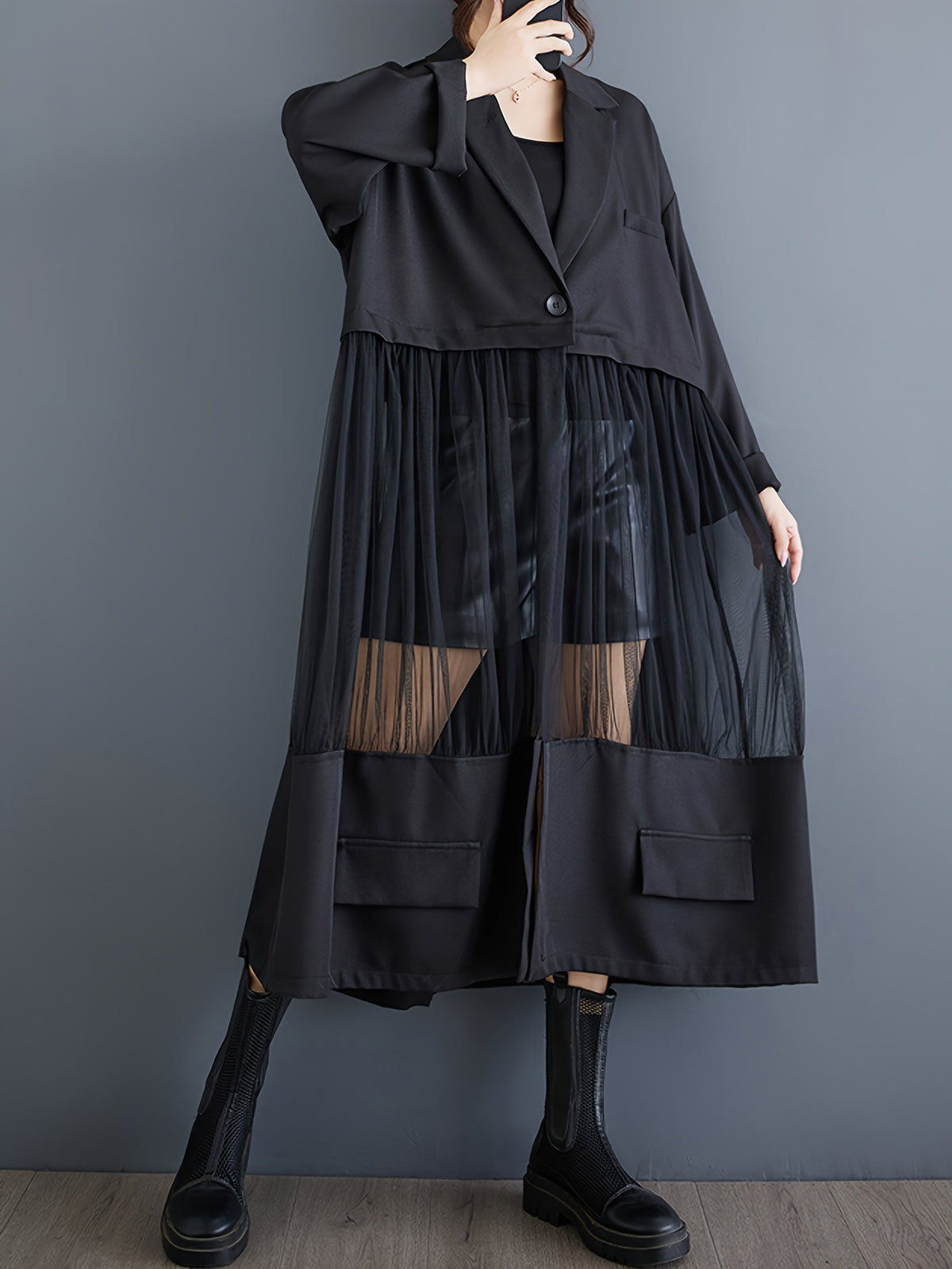 Medium-Long Stylish Spliced Suit Mesh Hollow Long-Sleeved Slim-Fit Jacket Retro Solid Color Outerwear Spliced Trench Coat