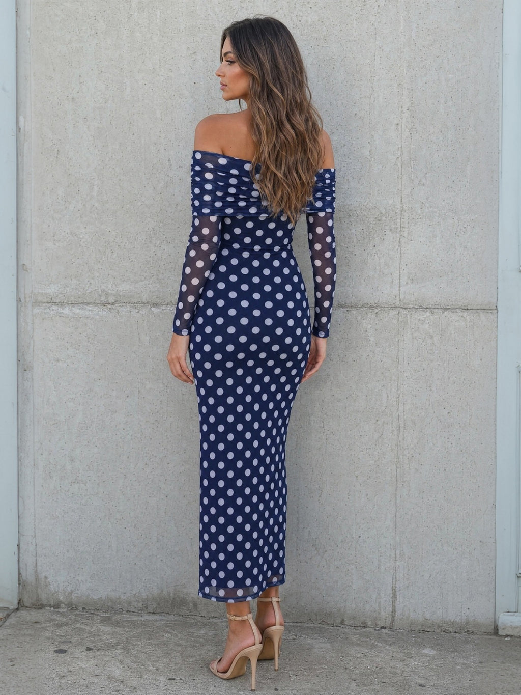Women's Off Shoulder Polka Dot Mesh Midi Dress, Long Sleeve Ruched Bodycon Sheer Mesh Party Maxi Dress
