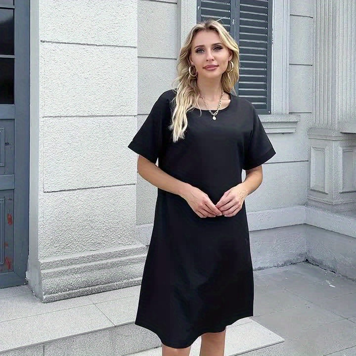 Women'S Good Night Moon and Star Print Casual Dress, Round Neck, Short Sleeve, Loose Fit, Breathable, All-Season Nightwear, Suitable for Bedroom and Home Wear- Overseas Printing