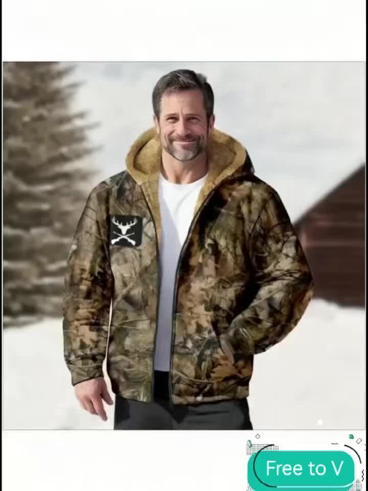 Men'S Autumn Winter Leaf Print Casual Matching Fleece Lined Zip-Up sweatshirt, Hunting