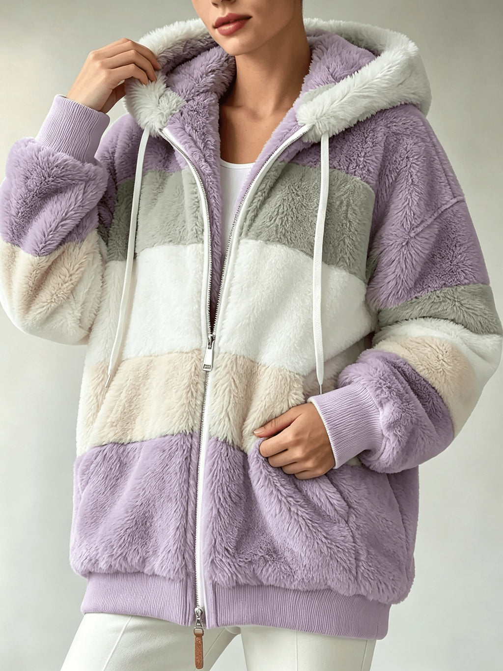 Women's Coats, Women's Color-block Striped Hooded Zip Teddy Coat, Loose Outerwear Made Of Fluffy Faux with Multi-tone Splicing, Drawstring Hood with Pockets, Warm Plush Coat for Winter