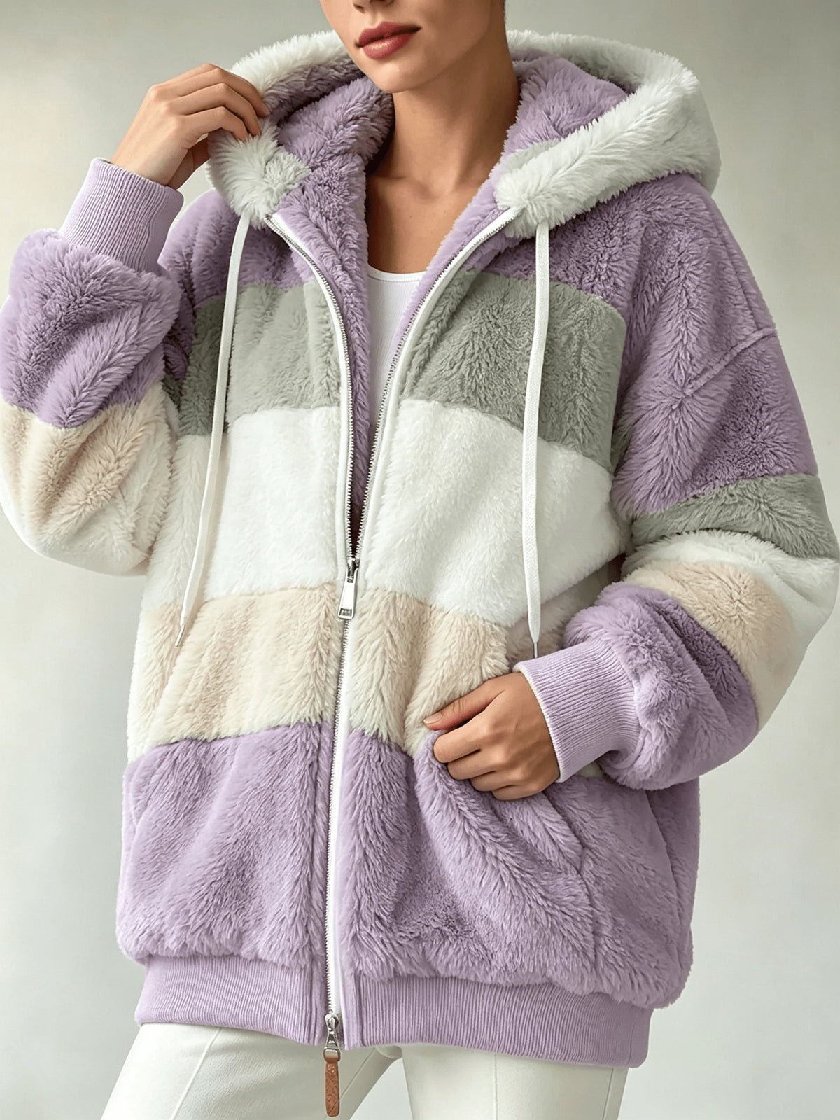 Women's Coats, Women's Color-block Striped Hooded Zip Teddy Coat, Loose Outerwear Made Of Fluffy Faux with Multi-tone Splicing, Drawstring Hood with Pockets, Warm Plush Coat for Winter