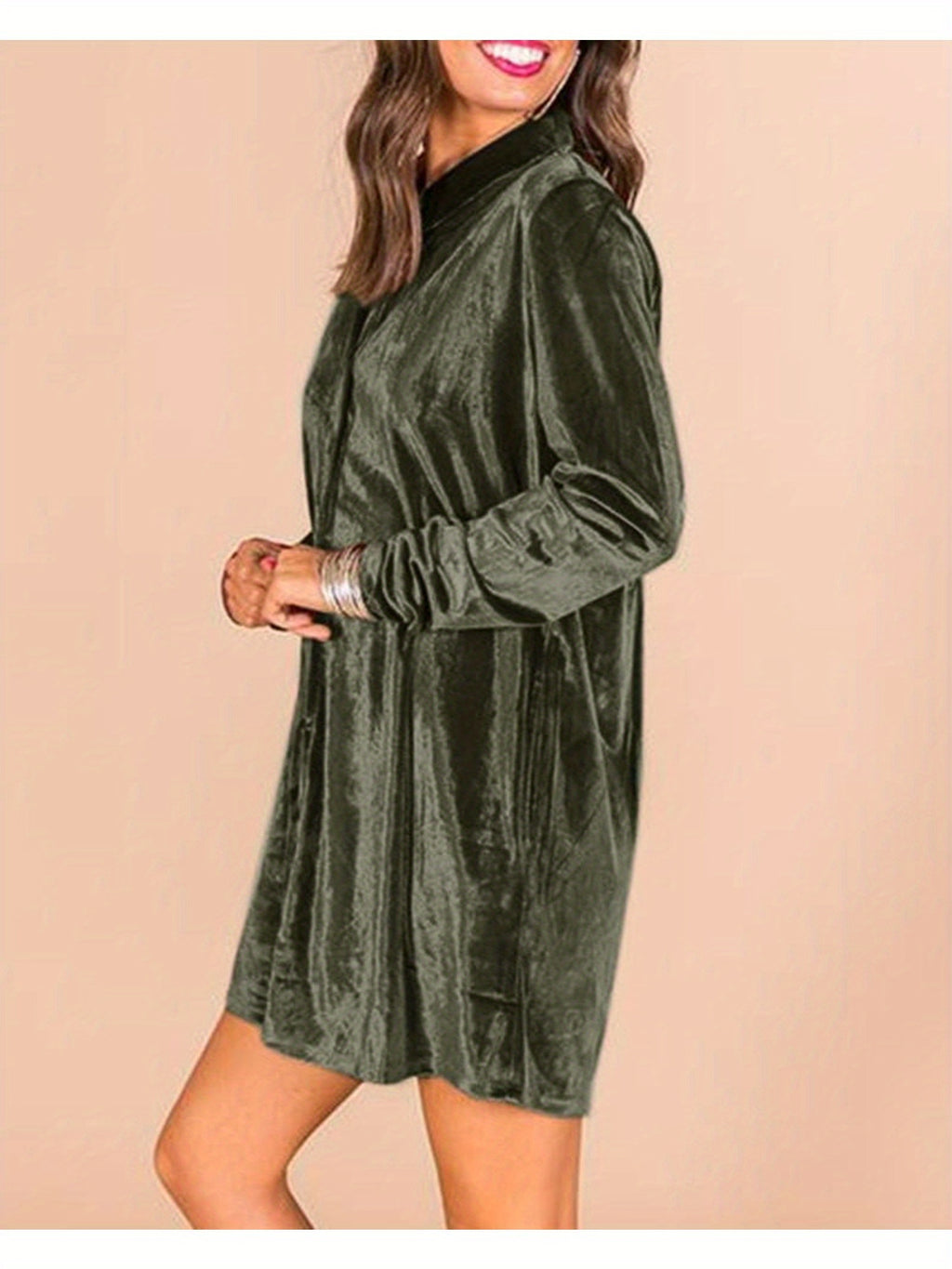 Women's Elegant Lapel Collar Button- Dress - Mini Length Long Sleeve Solid Color Tunic Top Dress Suitable for Parties, Office & Semi-Formal Events