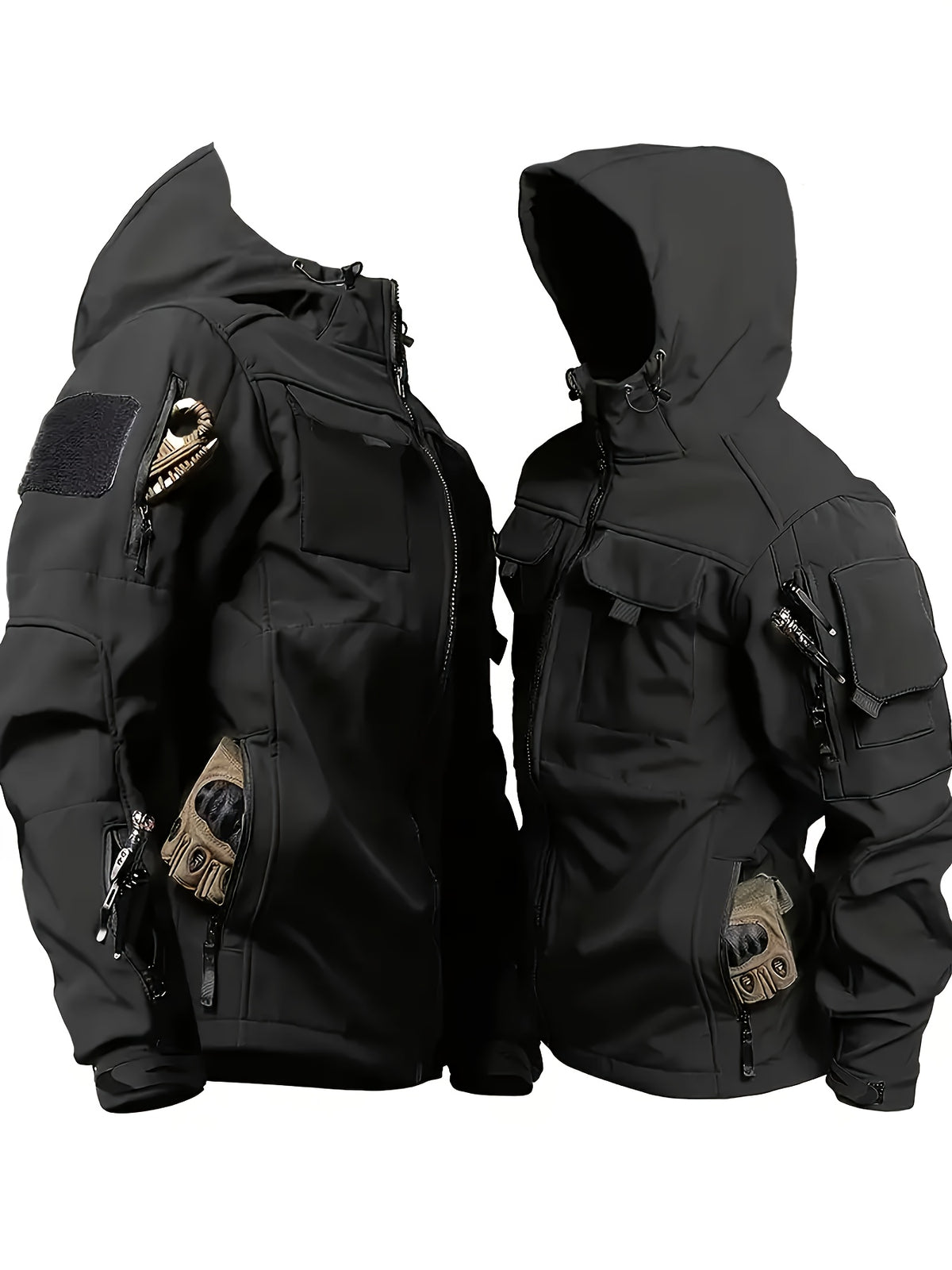Winter Shark Skin Softshell Hooded Jacket Multi-pocket Tactical Windbreaker for Outdoor Adventures -lined Thermal Fabric Ideal for Snowy Weather and Hiking ExcursionsWinter Shark Skin Softshell Hooded Jacket Multi-pocket Tactical Windbreaker Fo
