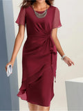 Summer Patchwork Chiffon Women'S Slim-Fit Dress - Round Neck, Short Sleeve, Mid-Length, Waist Twist Design, Asymmetrical Ruffle Hem, Elegant Party Outfit, Suitable for Wedding Guests Or Evening Events