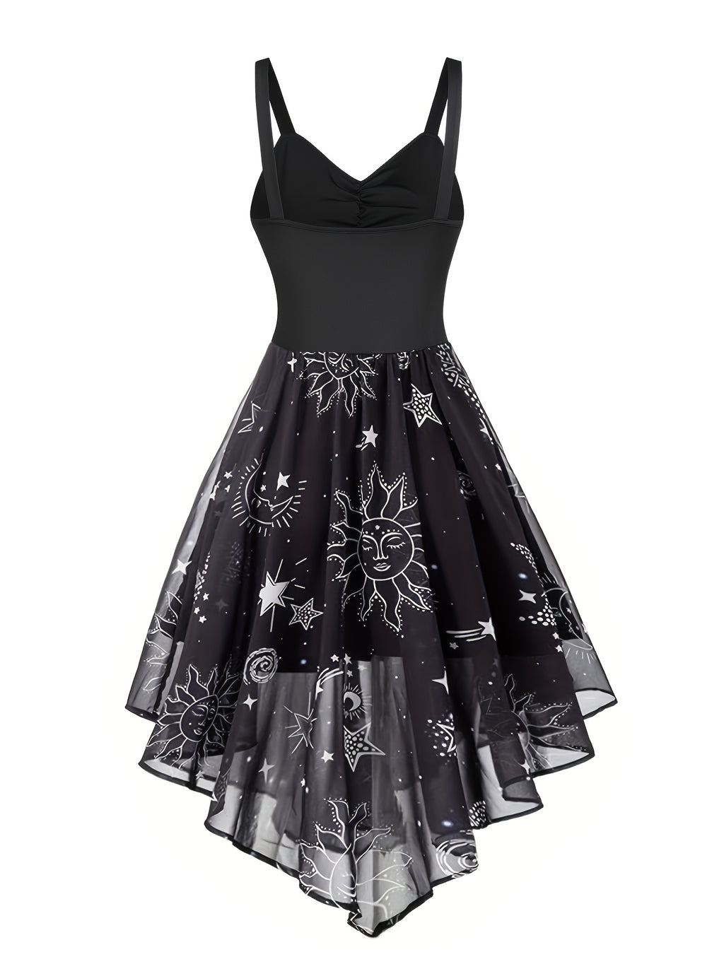 Women's Elegant Vintage Strap Day Moon Star Print Yarn Skirt Patchwork A-Line Dress