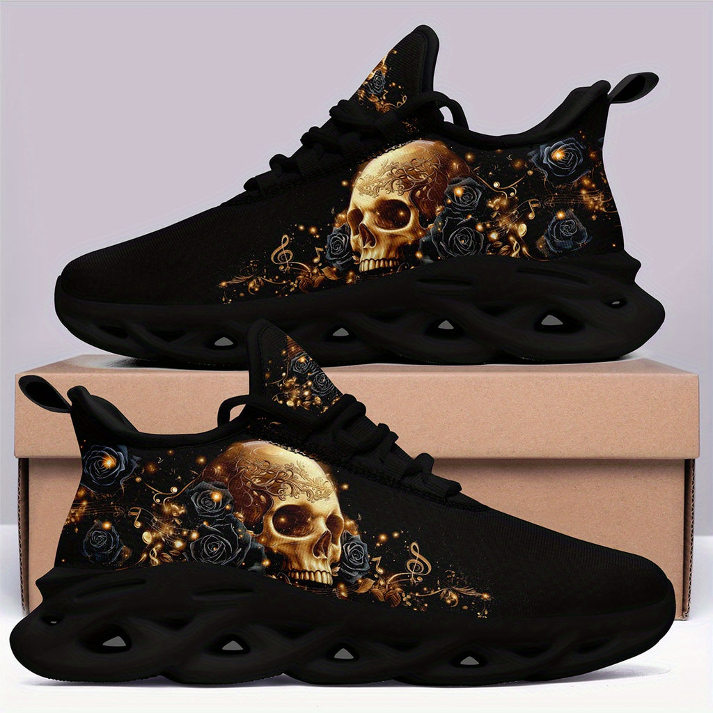Plus Size Men's Low Top Skull Design Sneakers, Gothic Streetwear Lace-Up Shoes, Trendy Men's Fashion Footwear, Casual Comfortable Walking Trainers for All Seasons