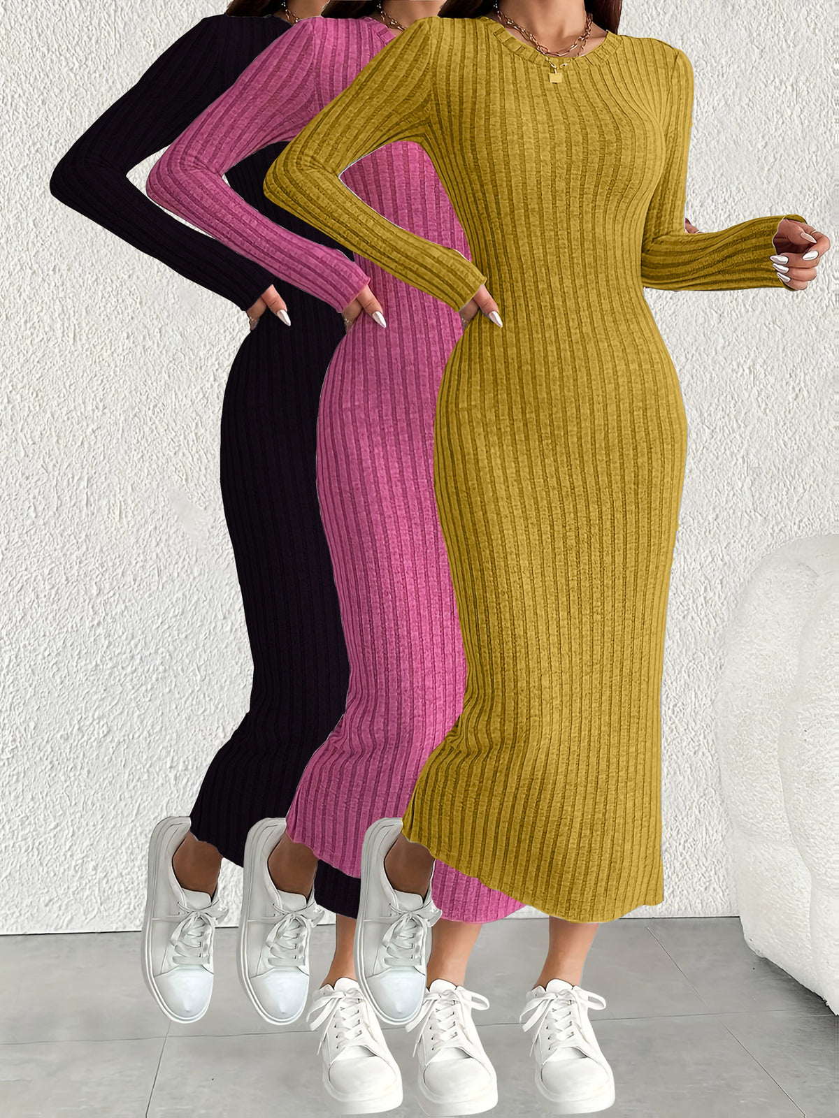 3pcs Solid Color Long Sleeve Ribbed Pullover Dress for Women