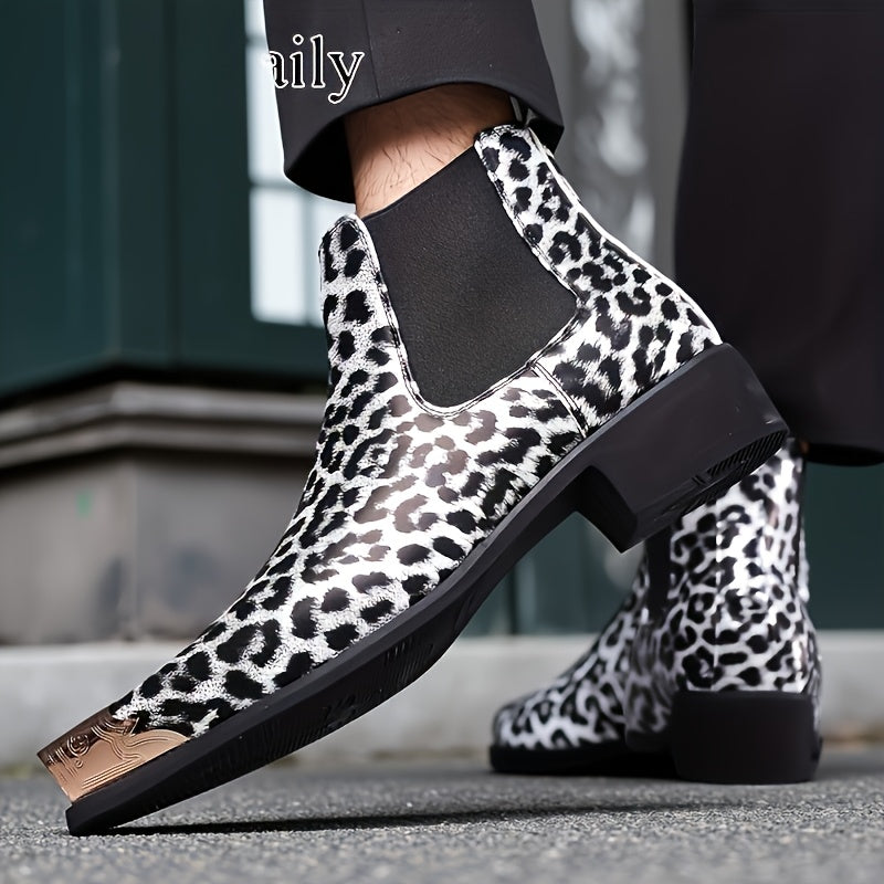 Men'S Cowboy Boots Wedge Heel Pointed Toe Leopard Print Classic Men'S Boots Chelsea Boots
