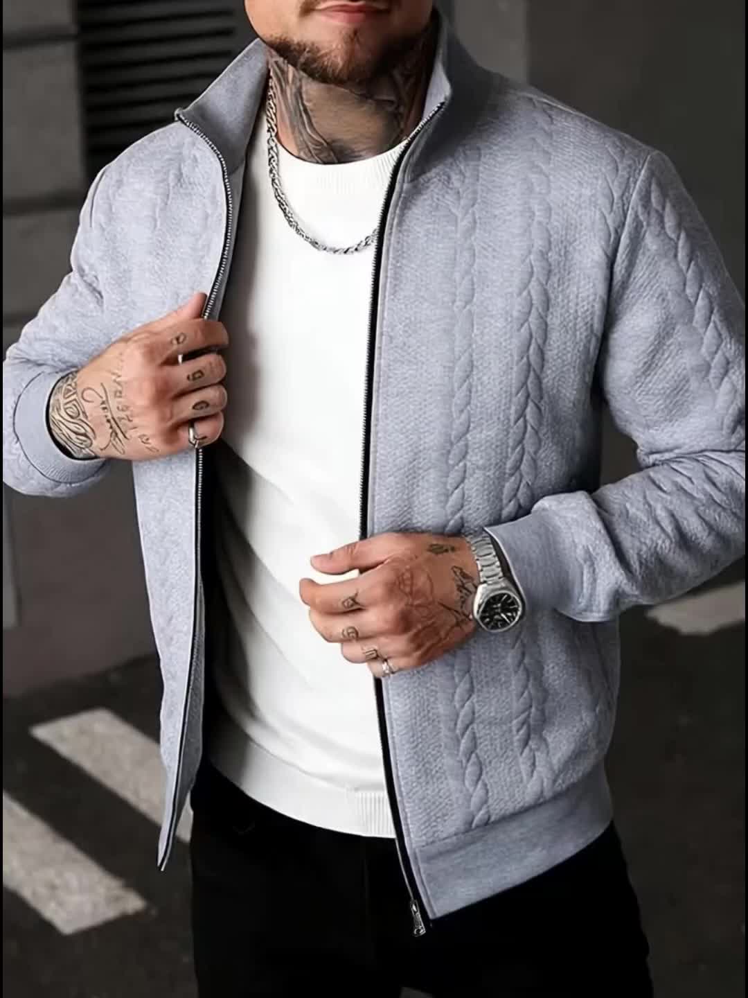 Men's Fashion Casual Elegant Medium Stretch Cardigan, Men's Casual Full-Zip Cardigan, Spring/Autumn Jacquard Casual Jacket with Jacquard Design, Suitable for All-Season Wear, Ideal for Casual and Formal Outfits, Fashionable Jacquard with Striped Knit