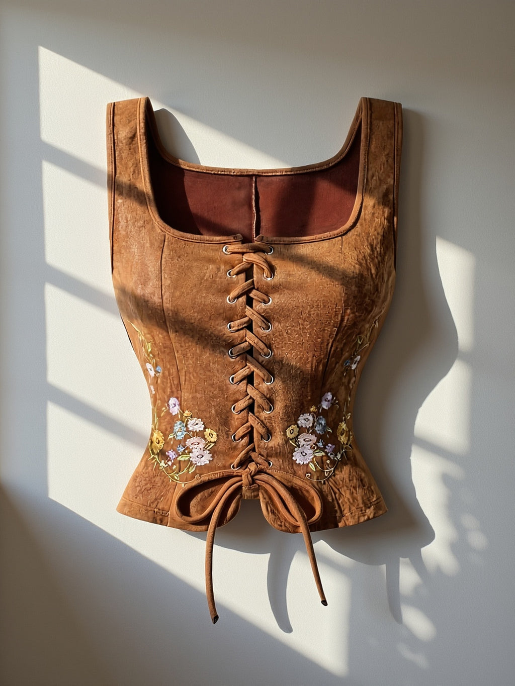 Women's Brown Embroidered Lace-up Solid Color Vest, Bohemian Style Top, Music Festival Outfit