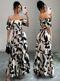 Women'S Off-Shoulder Floral Print Maxi Dress with Belt - Elegant Asymmetrical Hem, Sleeveless Vacation Dress in Black & White Floral Pattern, Lightweight Polyester for Summer Getaways, Cute Summer Dresses