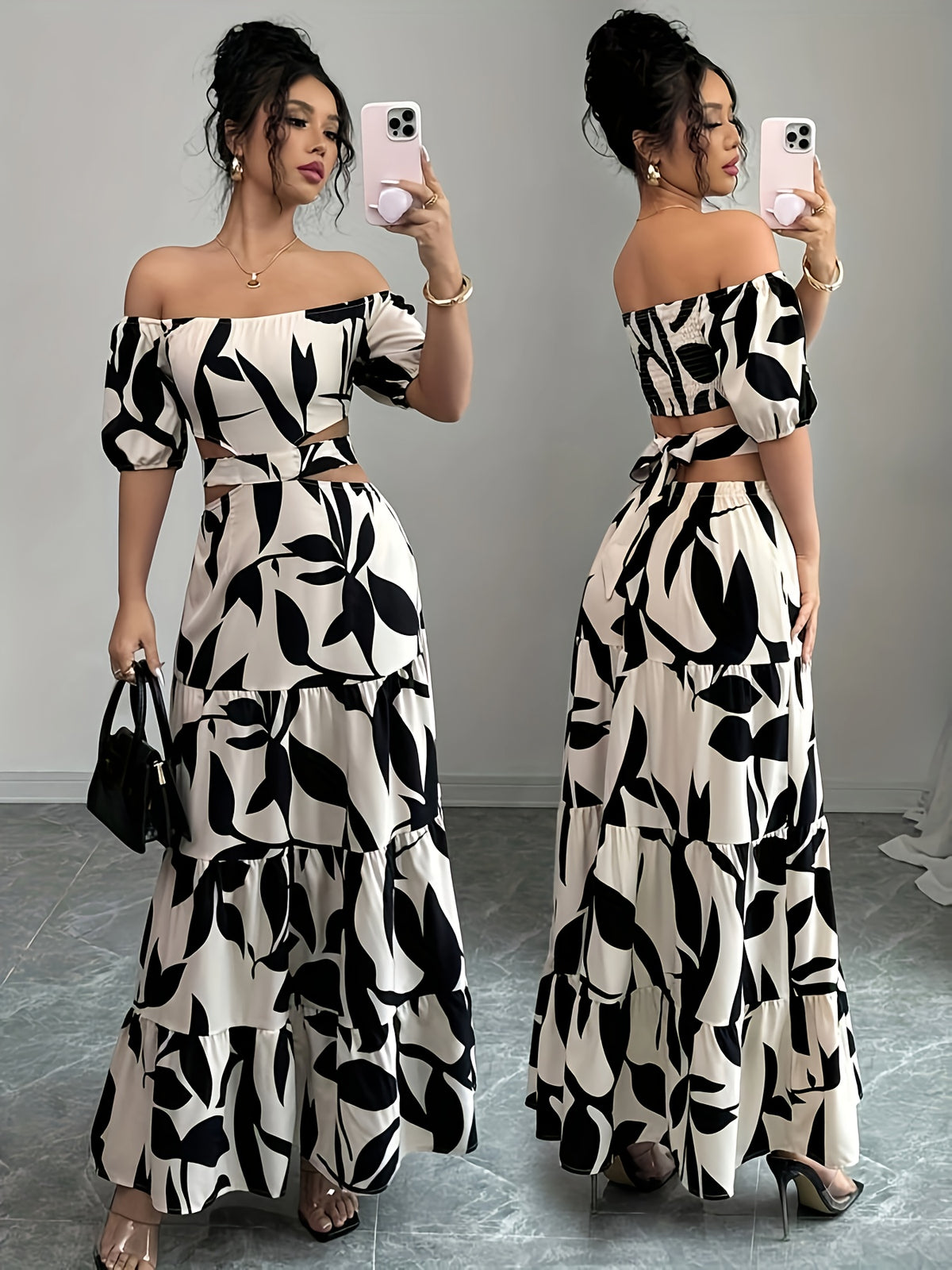 Women'S Off-Shoulder Floral Print Maxi Dress with Belt - Elegant Asymmetrical Hem, Sleeveless Vacation Dress in Black & White Floral Pattern, Lightweight Polyester for Summer Getaways, Cute Summer Dresses