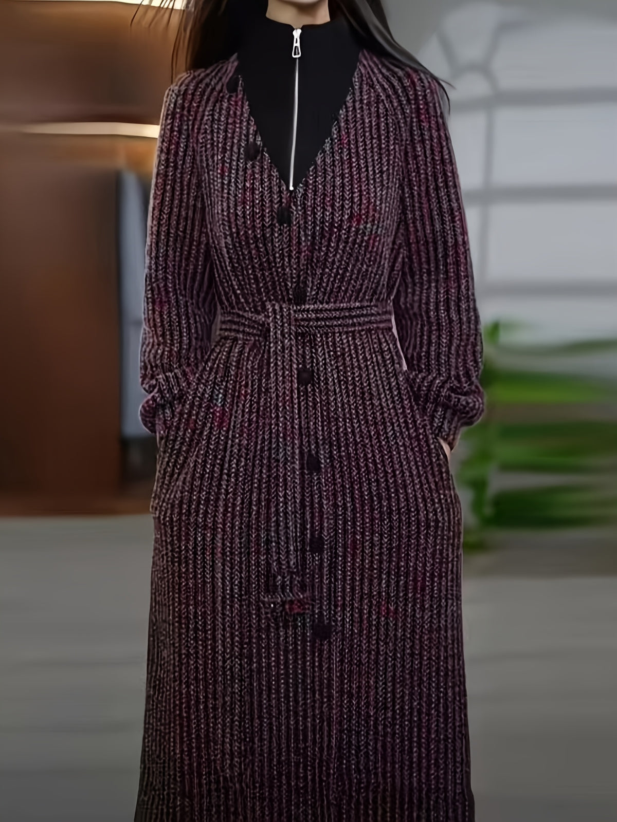 This Women'S High-Neck Zip-Up Faux Two-Piece Mink Velvet Dress Features a Removable Waist Tie Design for a Fitted Look. It'S a Long-Sleeve Dress Suitable for Spring, Autumn, And Winter, Providing Warmth As a Base Layer. Perfect for Casual Outings
