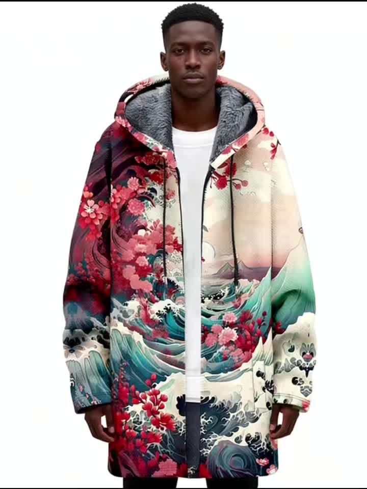 Japanese Art Wave Pattern Printed Fashion Men's Thick Winter Warm Zipper Hooded Coat