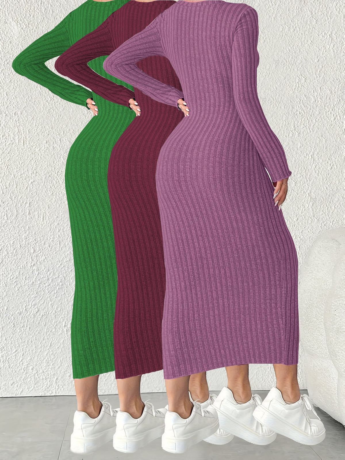 3pcs Solid Color Long Sleeve Ribbed Pullover Dress for Women