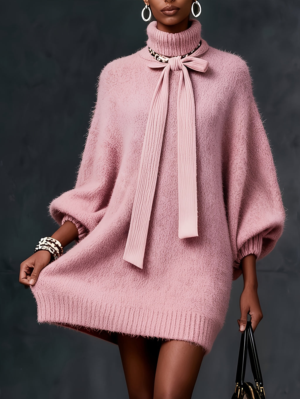 Women's Fashion Cashmere Sweater with Large Bow Detail, Spliced Wide Sleeve Dress, Elegant Pullover, Casual Party Commute Pretty Comfortable Long Top, Pink Sexy Women's Mini Skirt