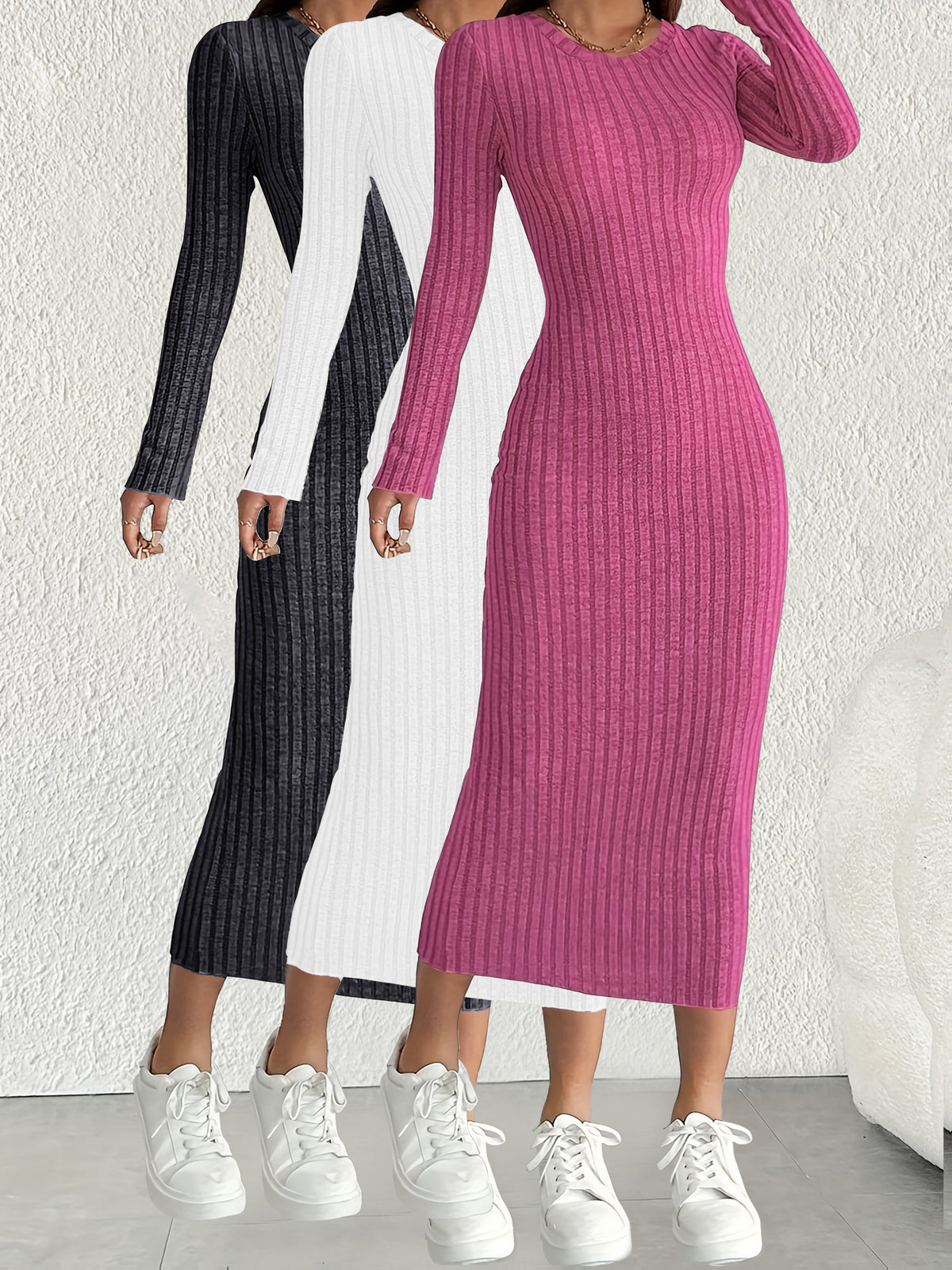 3pcs Solid Color Long Sleeve Ribbed Pullover Dress for Women