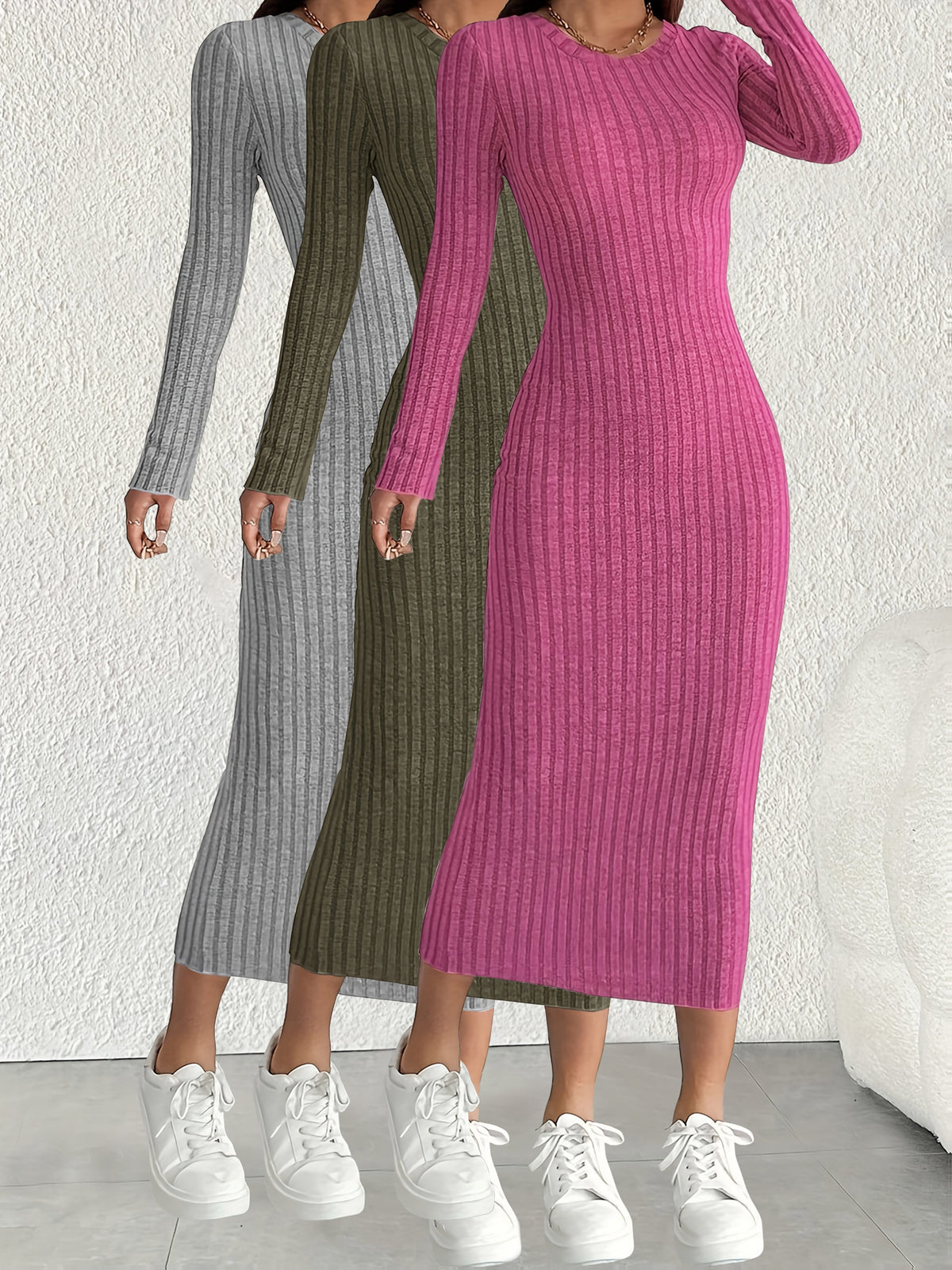 3pcs Solid Color Long Sleeve Ribbed Pullover Dress for Women