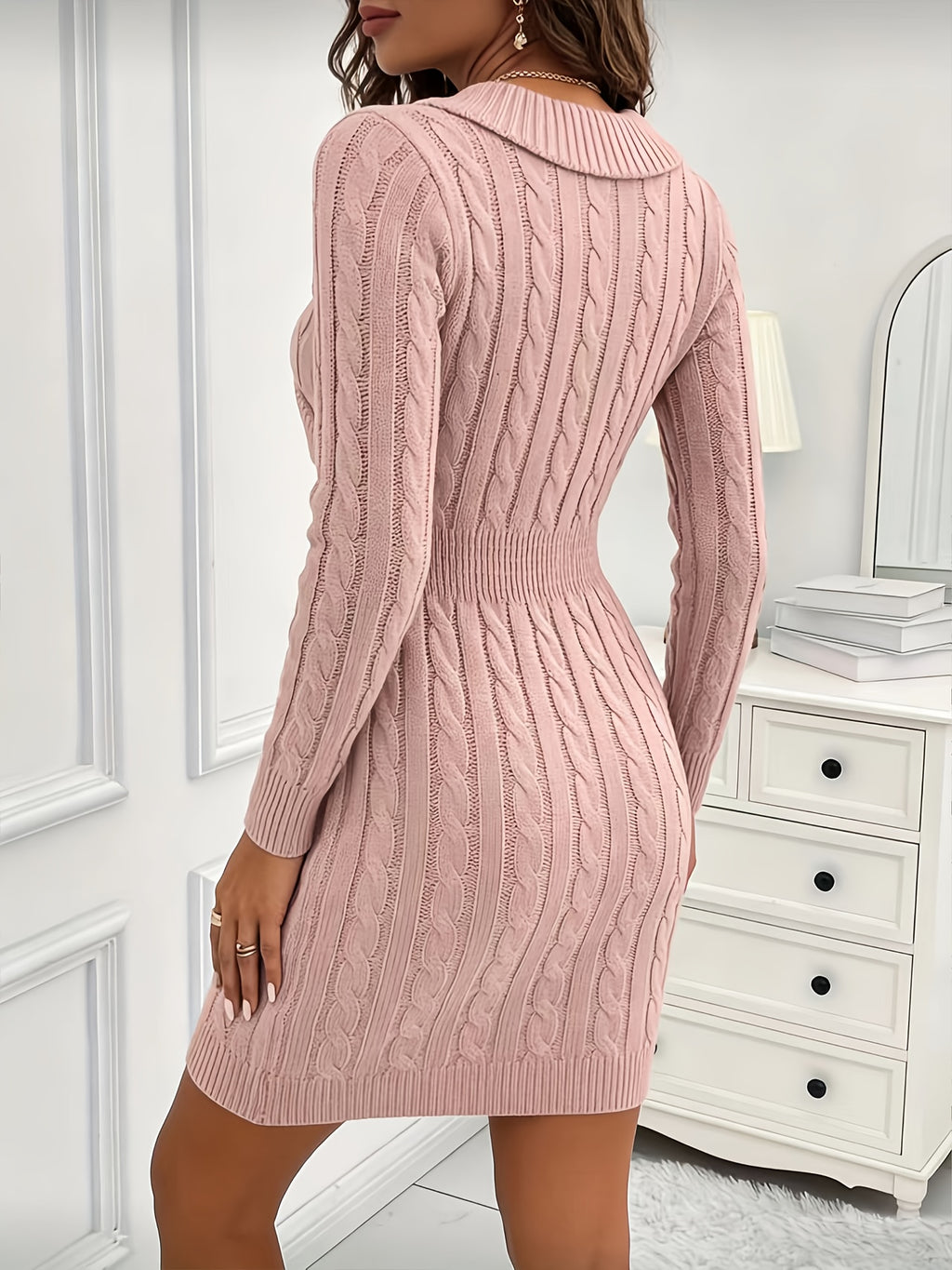 Western New V-Neck Dress Full Jacquard Cable Texture Side Embellishment Decorative Button Long Sleeve Jacquard Sweater Women