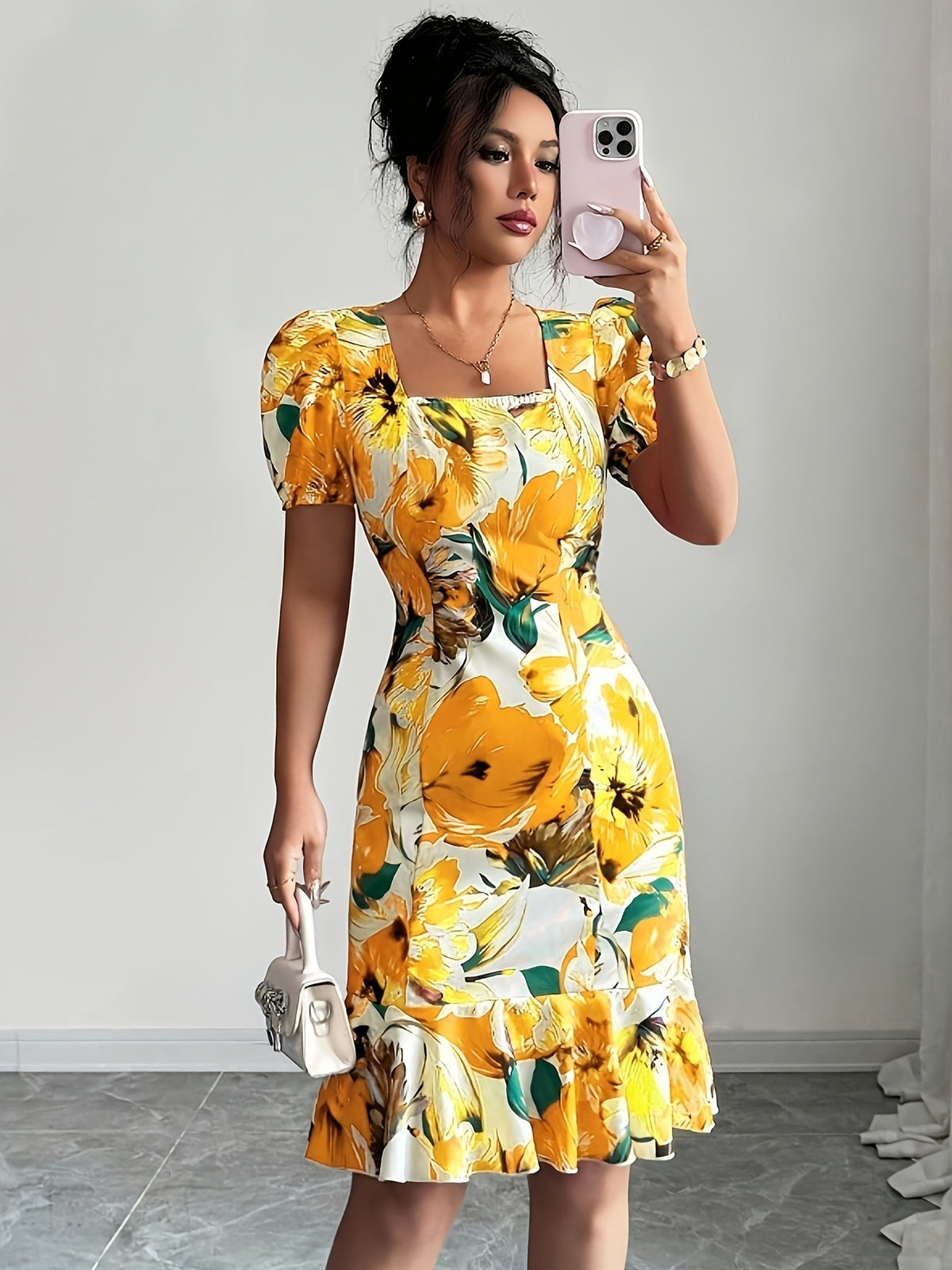 Elegant Square Neck Puff Sleeve Cinched Waist Ruffled Retro Vacation Floral Dress