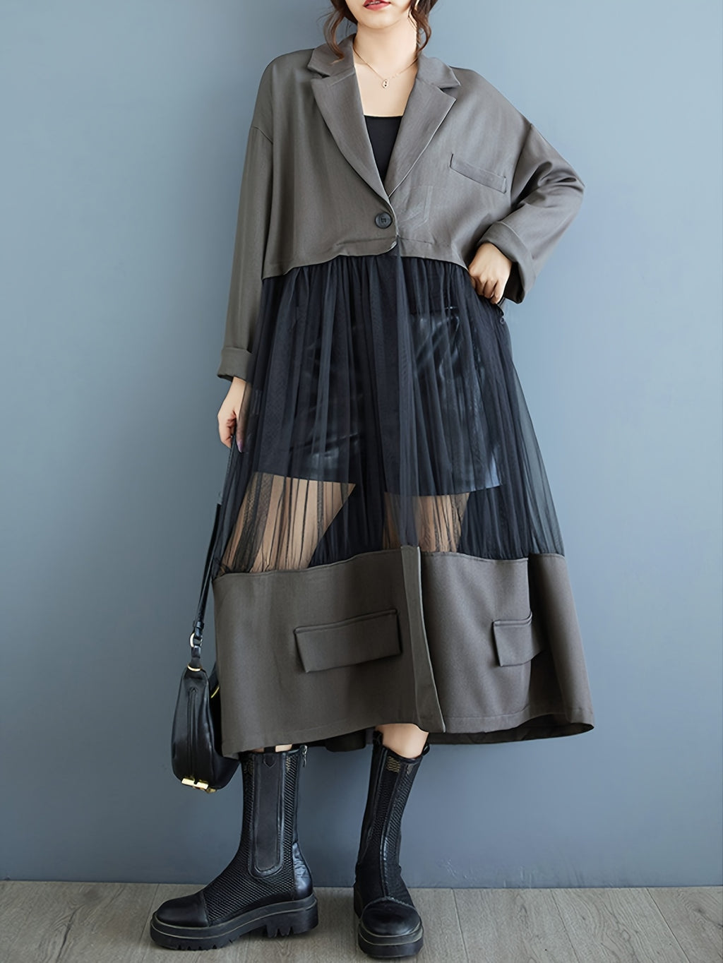 Medium-Long Stylish Spliced Suit Mesh Hollow Long-Sleeved Slim-Fit Jacket Retro Solid Color Outerwear Spliced Trench Coat