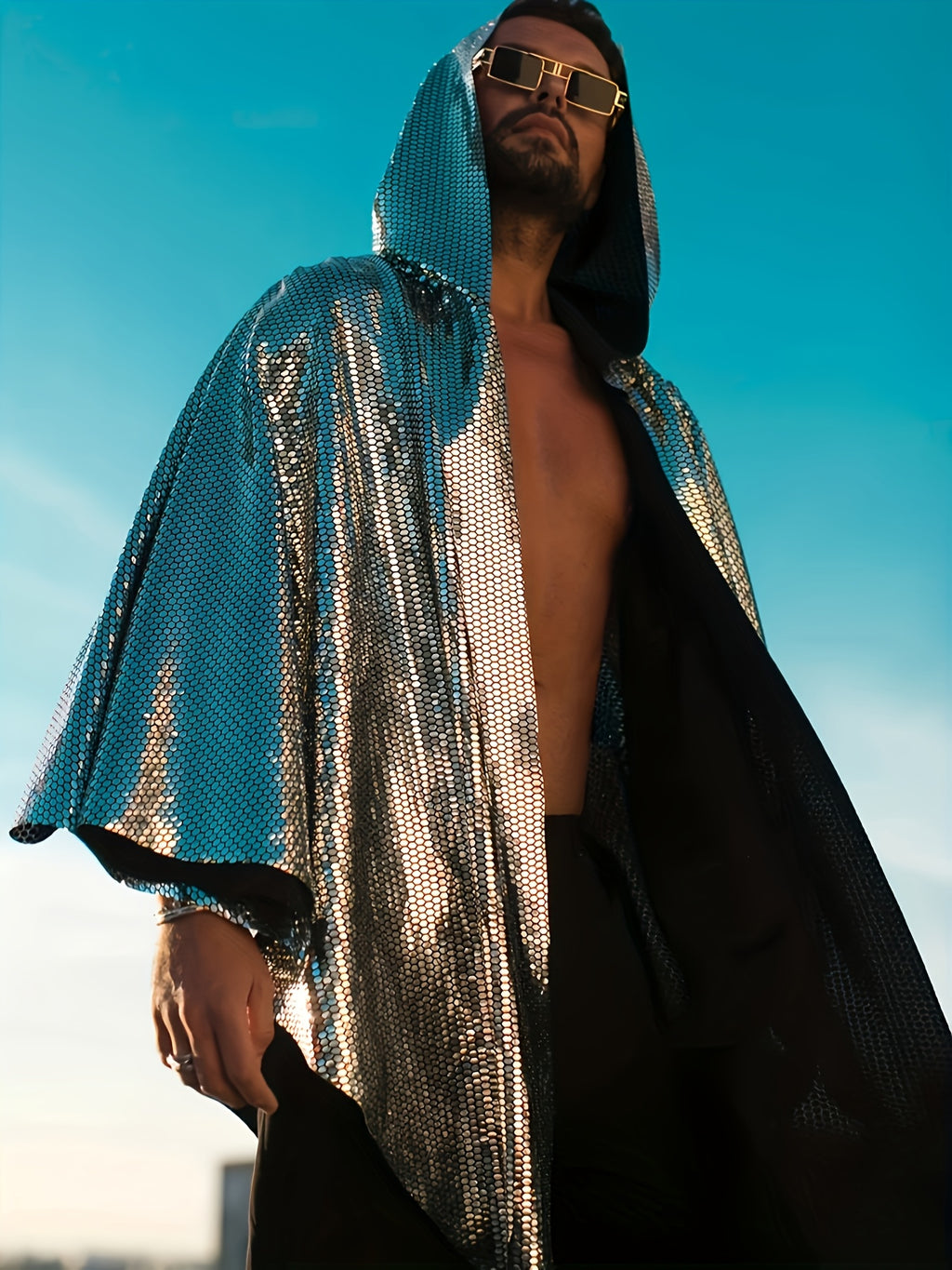 Men'S Loose Laser Sequin Hooded Shawl | Nightclub, Rave, Music Festival Apparel with Contrast Sequin Details And Slight Stretch Fabric