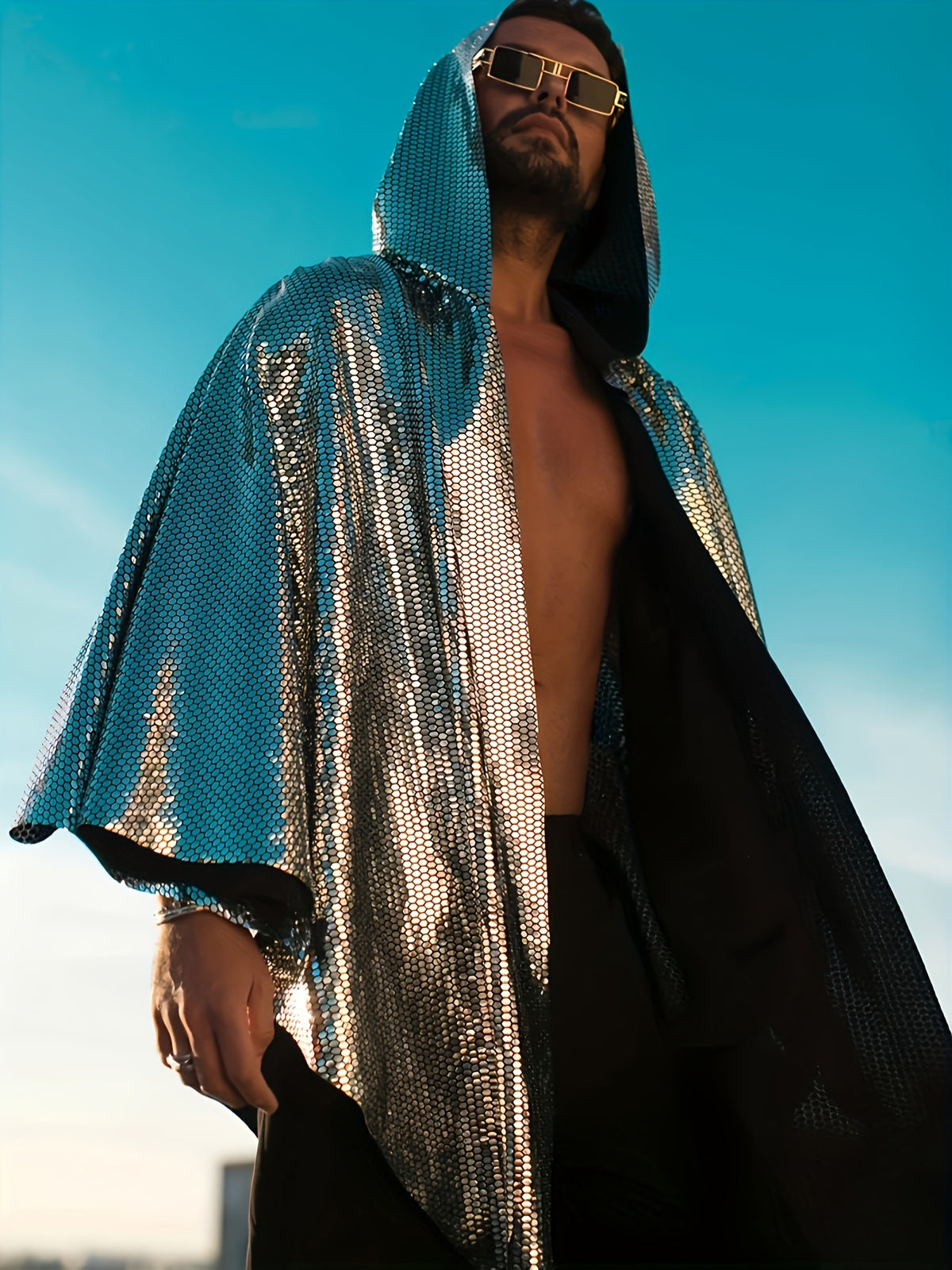 Men'S Loose Laser Sequin Hooded Shawl | Nightclub, Rave, Music Festival Apparel with Contrast Sequin Details And Slight Stretch Fabric