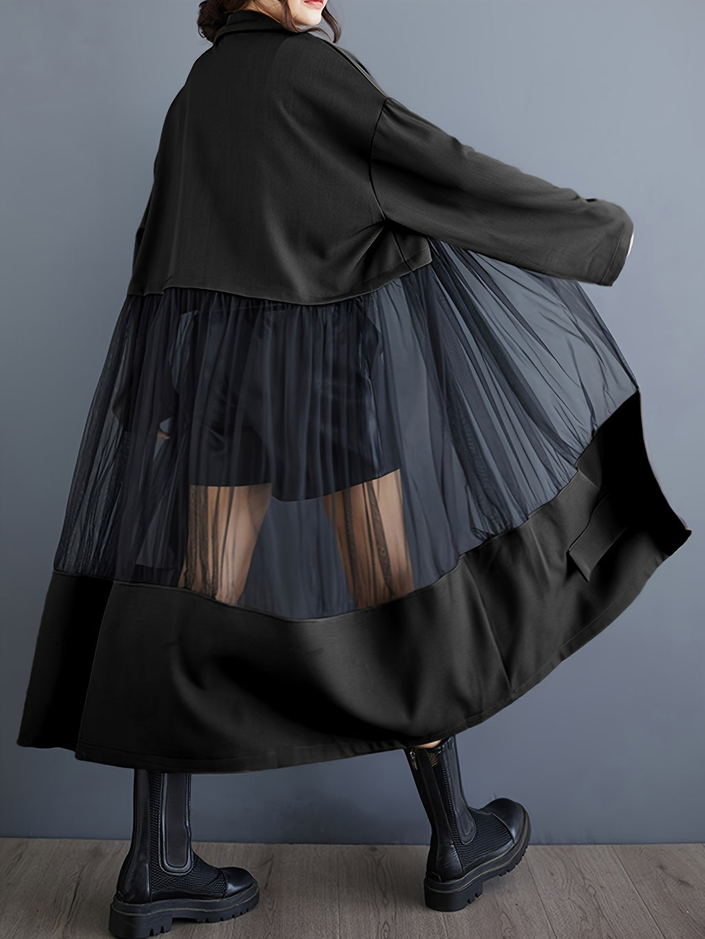 Medium-Long Stylish Spliced Suit Mesh Hollow Long-Sleeved Slim-Fit Jacket Retro Solid Color Outerwear Spliced Trench Coat