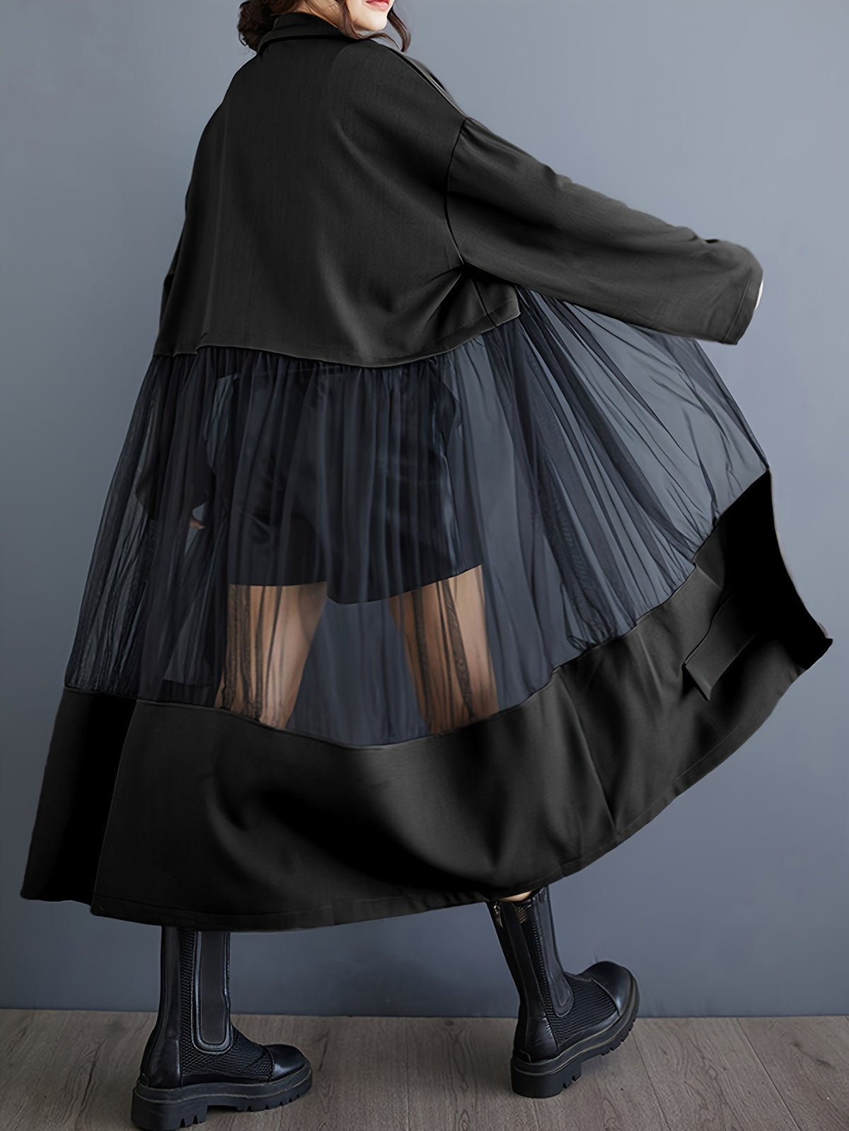 Medium-Long Stylish Spliced Suit Mesh Hollow Long-Sleeved Slim-Fit Jacket Retro Solid Color Outerwear Spliced Trench Coat