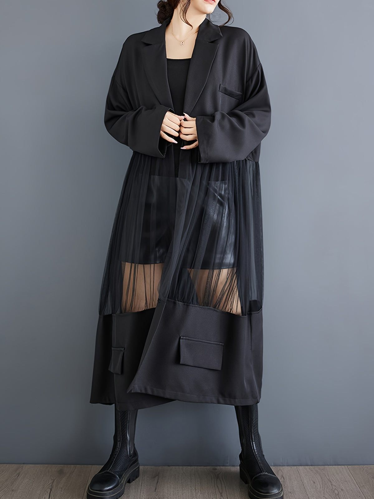 Medium-Long Stylish Spliced Suit Mesh Hollow Long-Sleeved Slim-Fit Jacket Retro Solid Color Outerwear Spliced Trench Coat