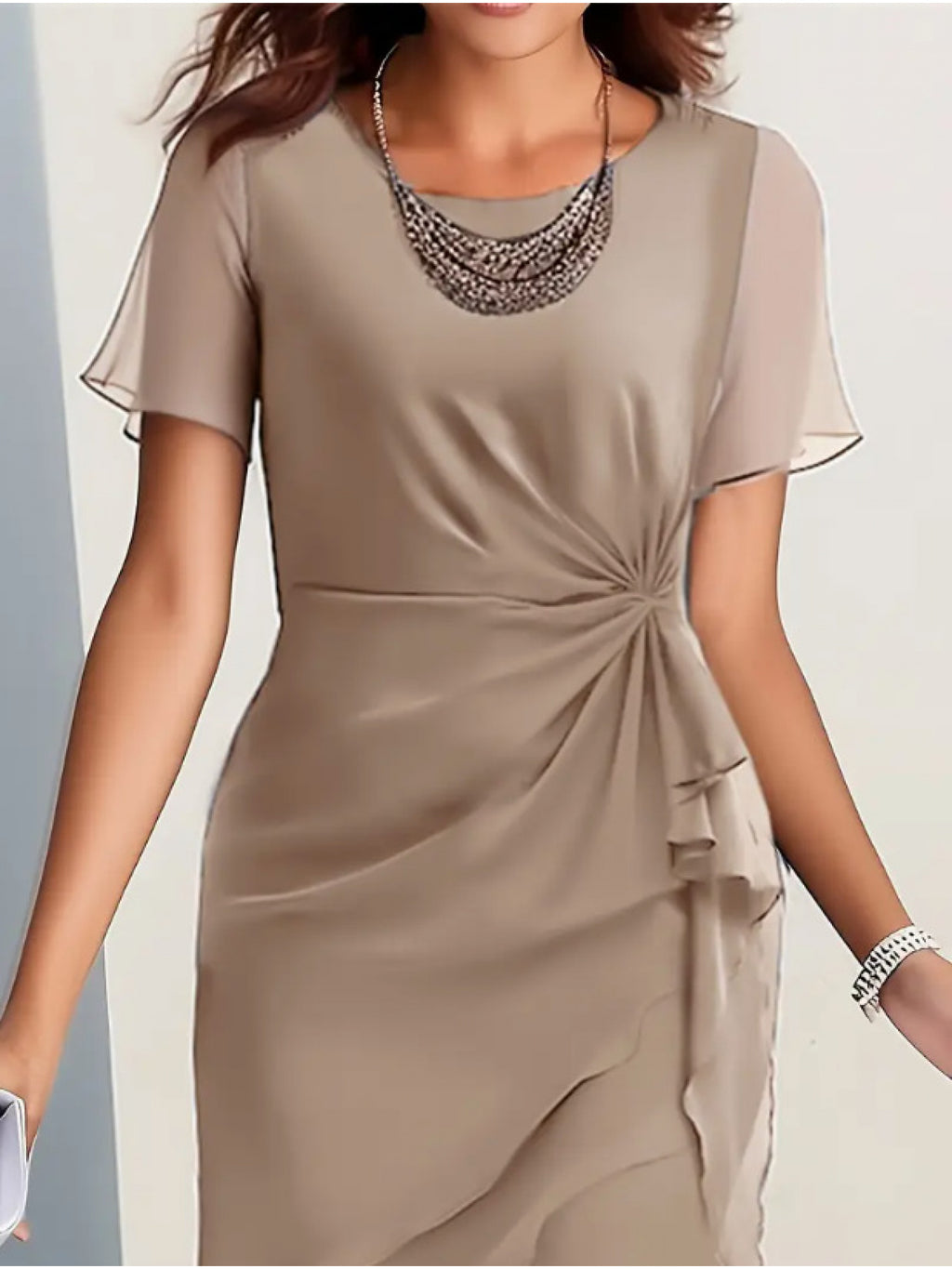 Summer Patchwork Chiffon Women'S Slim-Fit Dress - Round Neck, Short Sleeve, Mid-Length, Waist Twist Design, Asymmetrical Ruffle Hem, Elegant Party Outfit, Suitable for Wedding Guests Or Evening Events