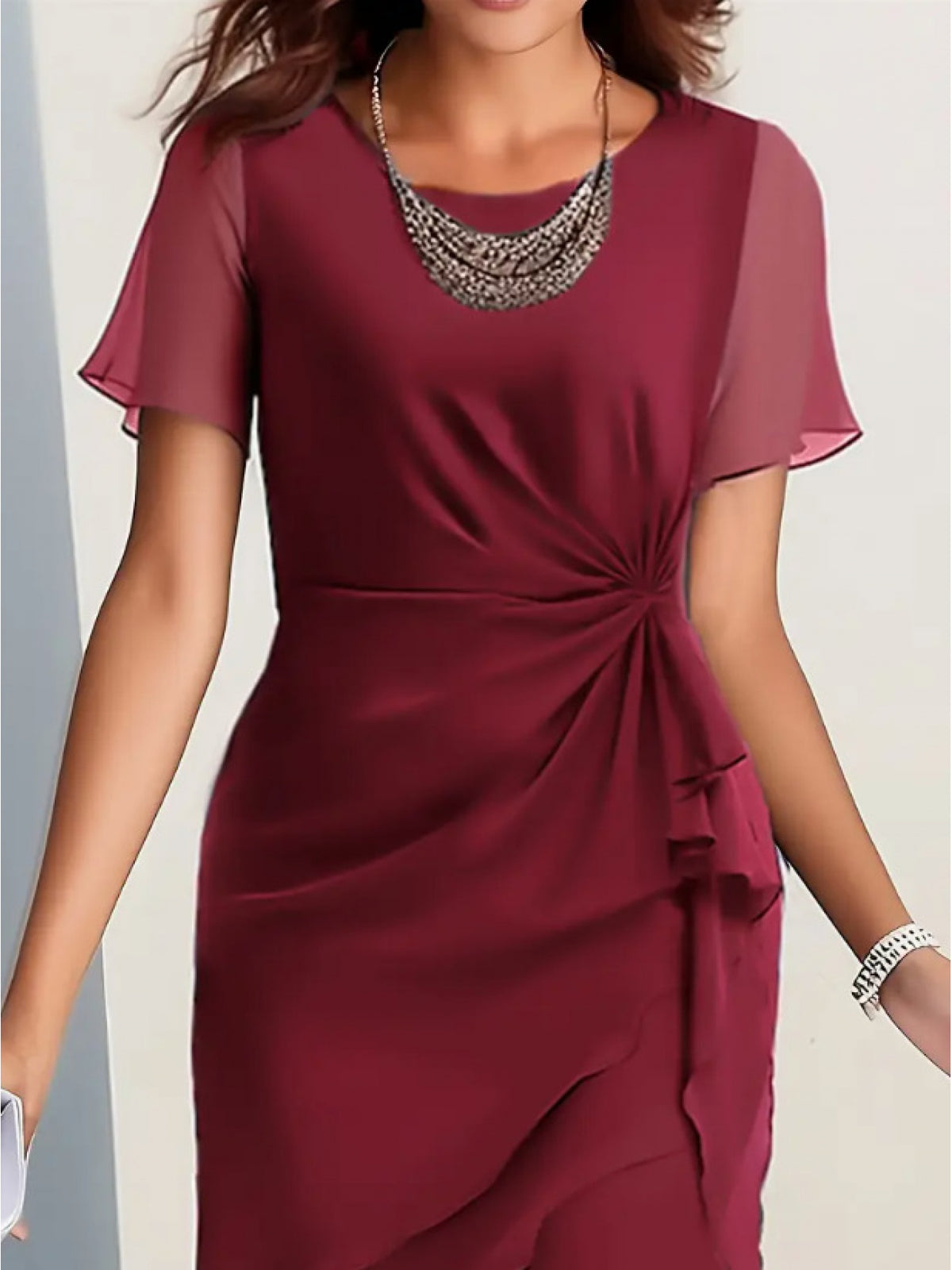 Summer Patchwork Chiffon Women'S Slim-Fit Dress - Round Neck, Short Sleeve, Mid-Length, Waist Twist Design, Asymmetrical Ruffle Hem, Elegant Party Outfit, Suitable for Wedding Guests Or Evening Events